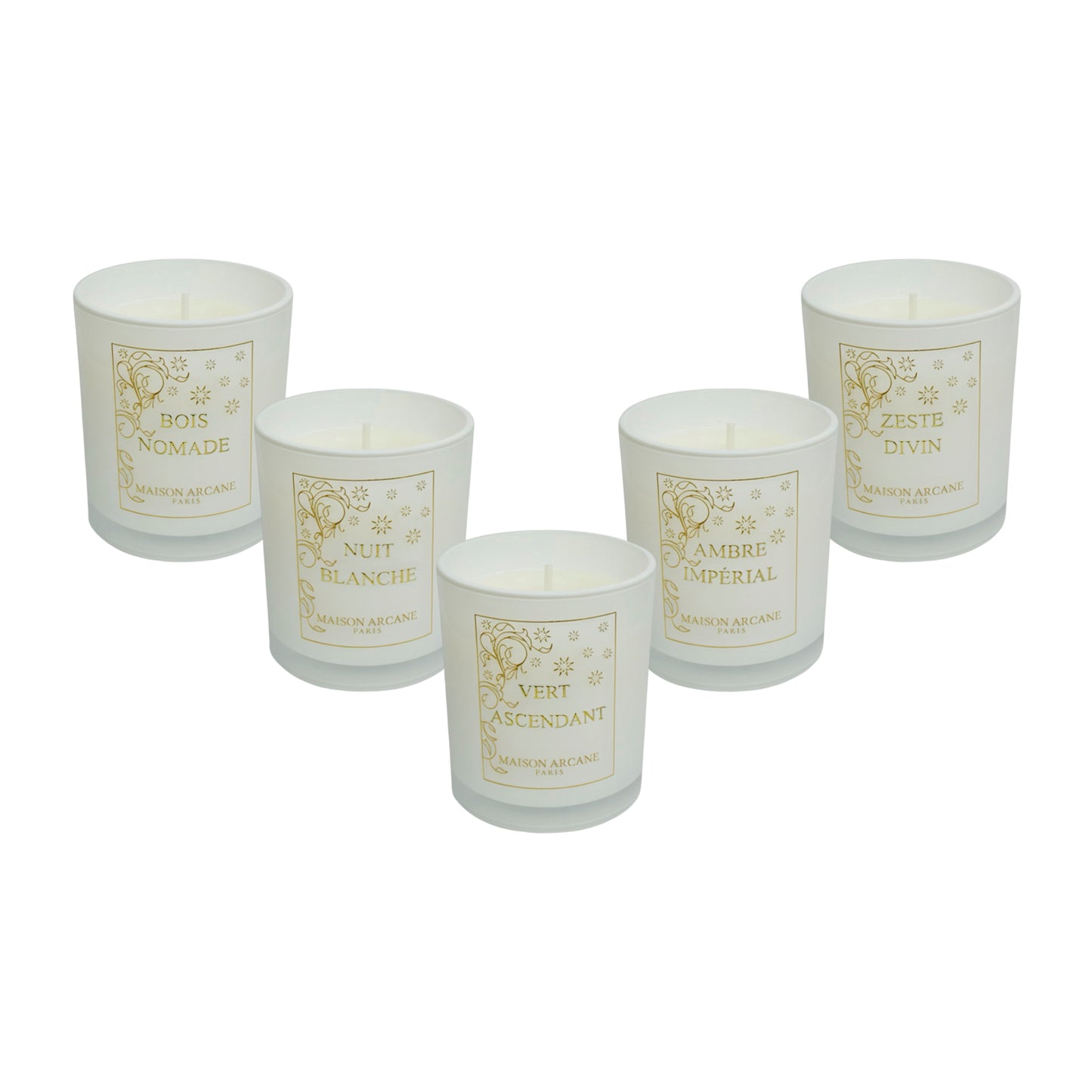 Vue d’ensemble des bougies parfumées miniatures de la collection Signature de Maison Arcane.