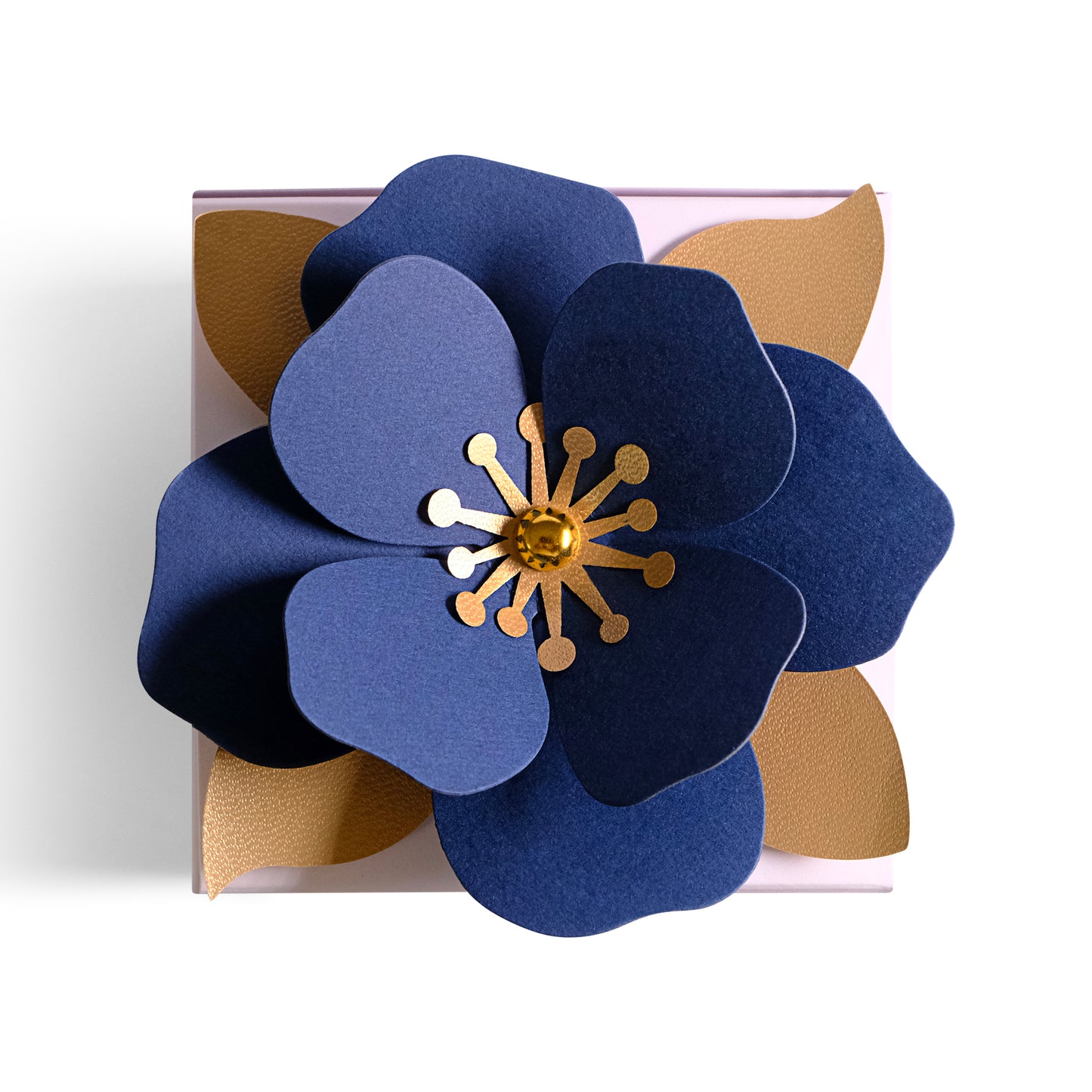Packaging du Bougeoir Saphir Nocturne vue de haut, detail de la fleur 3D en décoration, packaging premium.