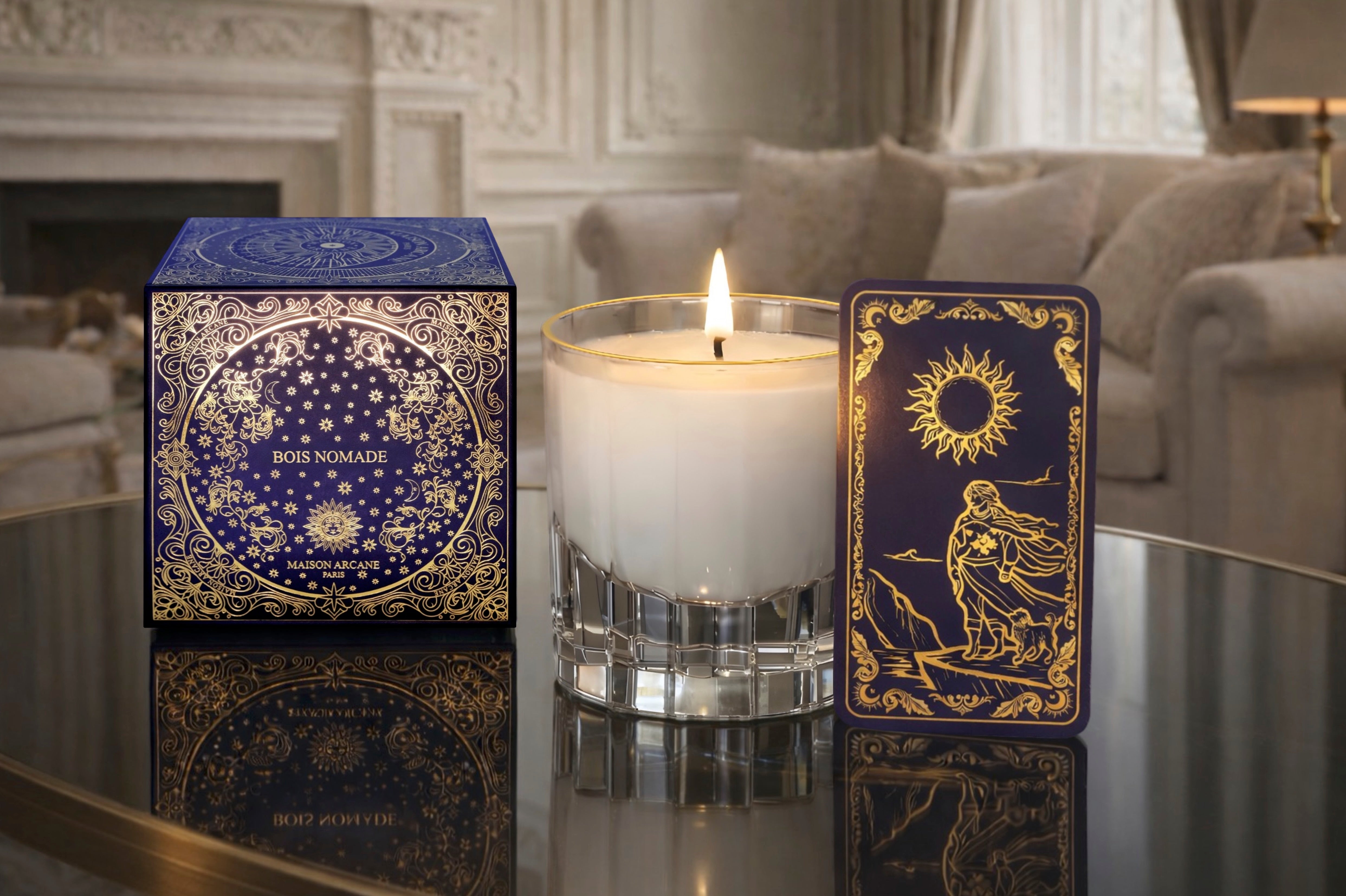 packaging bougie, sa bougie et sa carte de tarot le fou