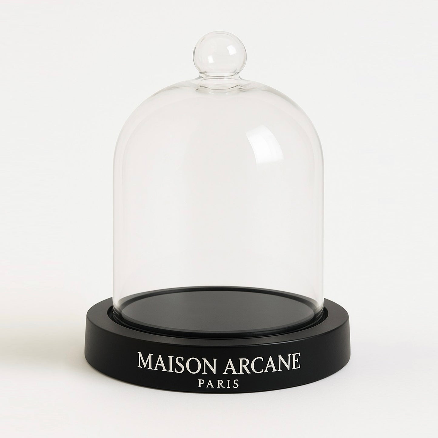 cloche en verre et base en bois gravée Maison Arcane pour bougies parfumées