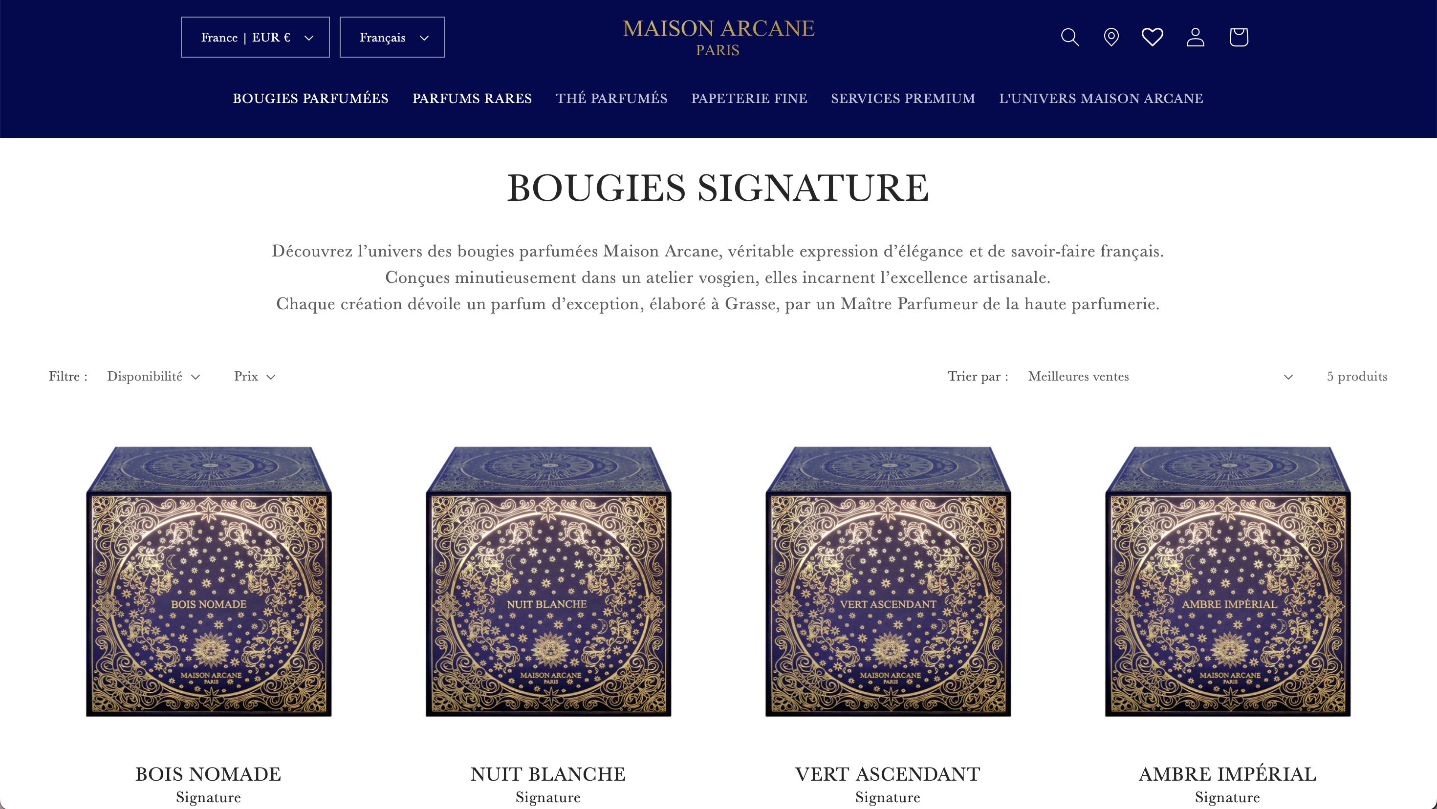 page site internet bougies Signature de Maison Arcane pour article de blog 