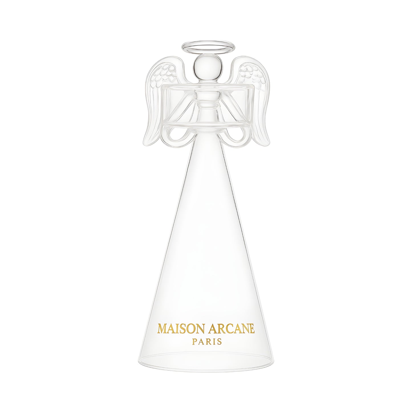 Bougeoir Ange des Cieux S en verre avec gravure céleste et lumière douce.