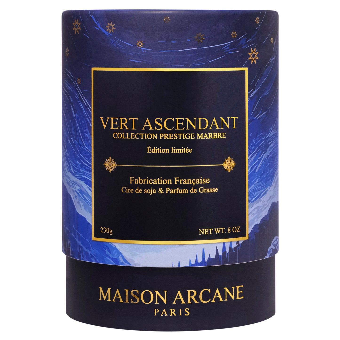 Bougie vert ascendant en marbre blanc edition limitée cire de soja diffusant une fragrance végétale.