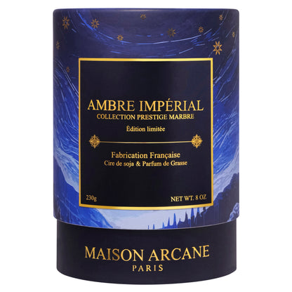 Bougie ambre impérial en marbre blanc edition limitée cire de soja avec sillage boisé et chaleureux.