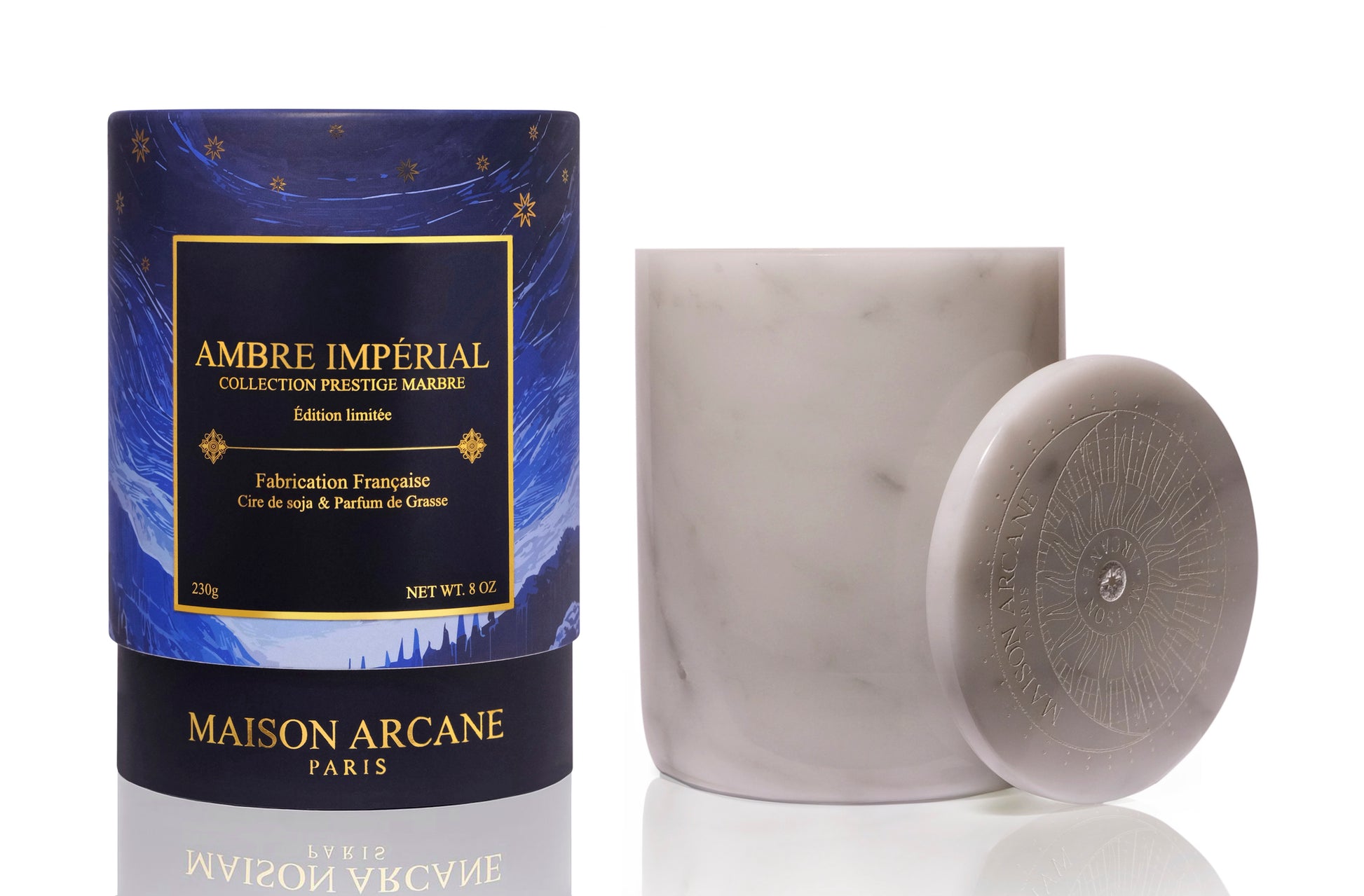 Bougie en marbre blanc Ambre Impérial avec emballage élégant.