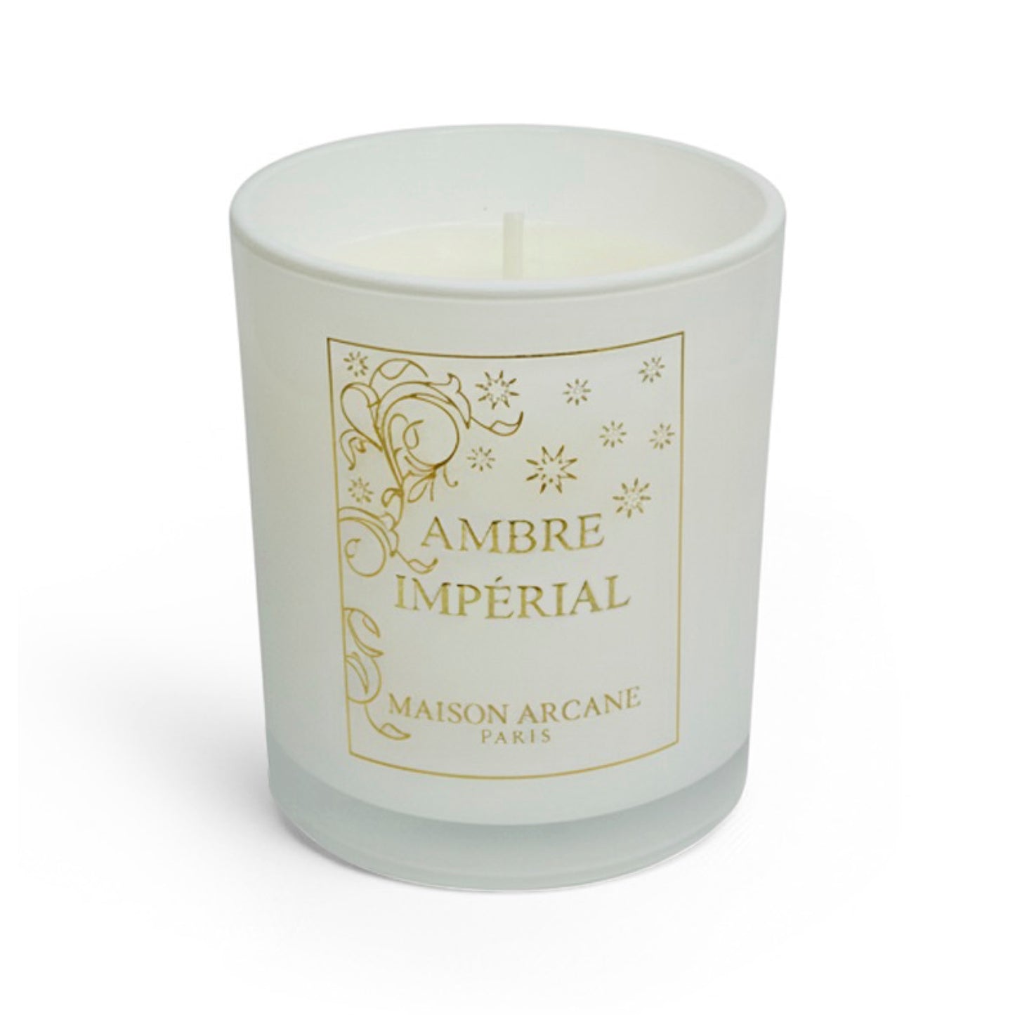 Bougie parfumée Ambre Impérial 110g en verre laqué blanc, senteur ambrée et épicée élégante et chaleureuse, Maison Arcane.