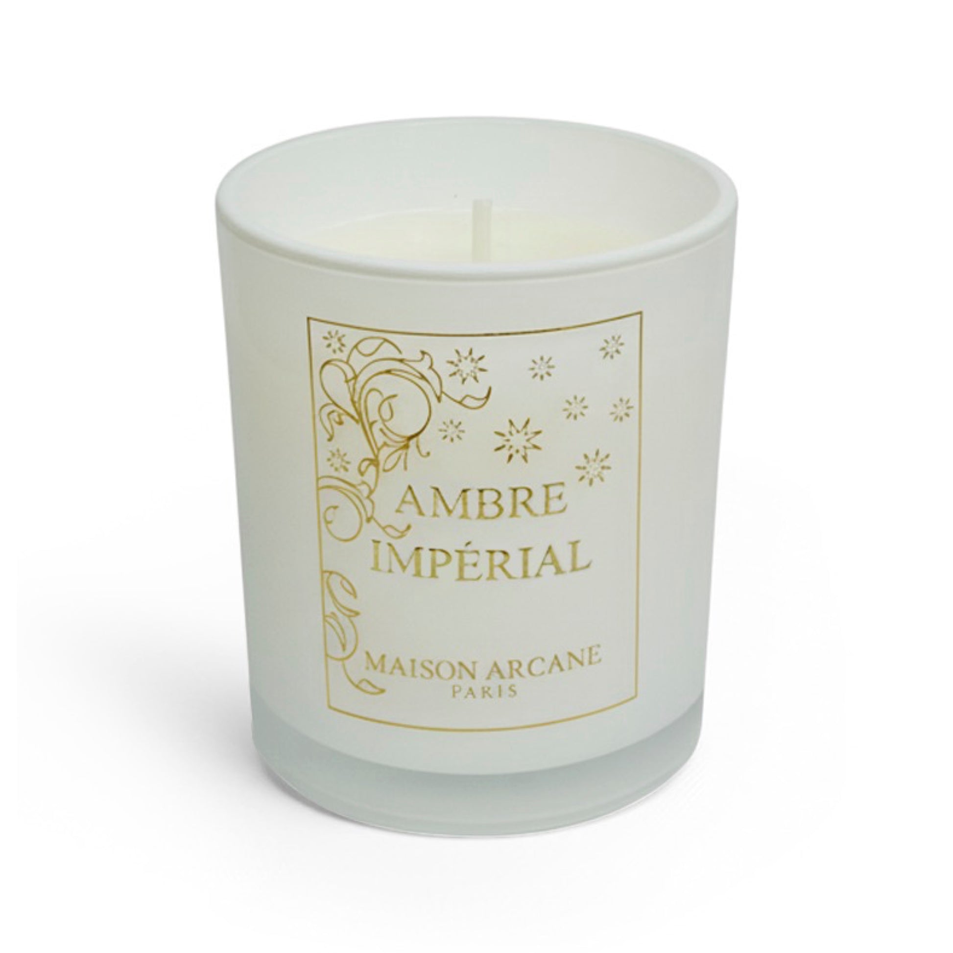 Bougie parfumée Ambre Impérial 110g en verre laqué blanc, senteur ambrée et épicée élégante et chaleureuse, Maison Arcane.