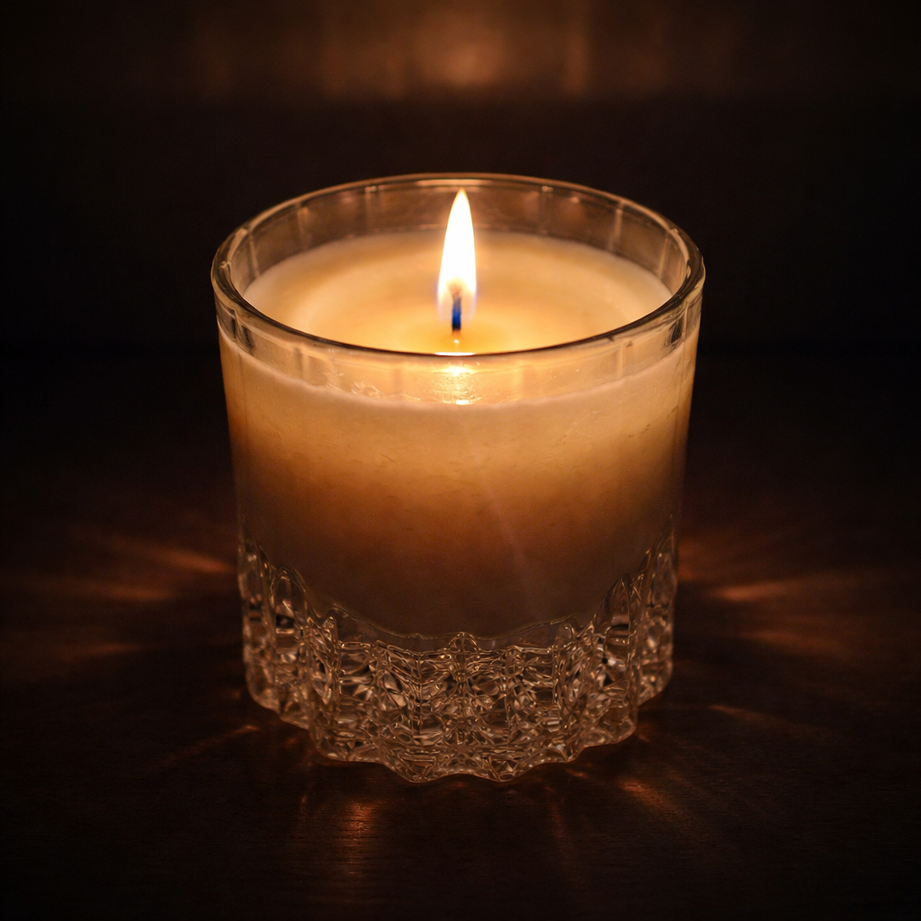 Ambiance chaleureuse avec bougie parfumée Maison Arcane Signature allumée, lumière douce et apaisante.