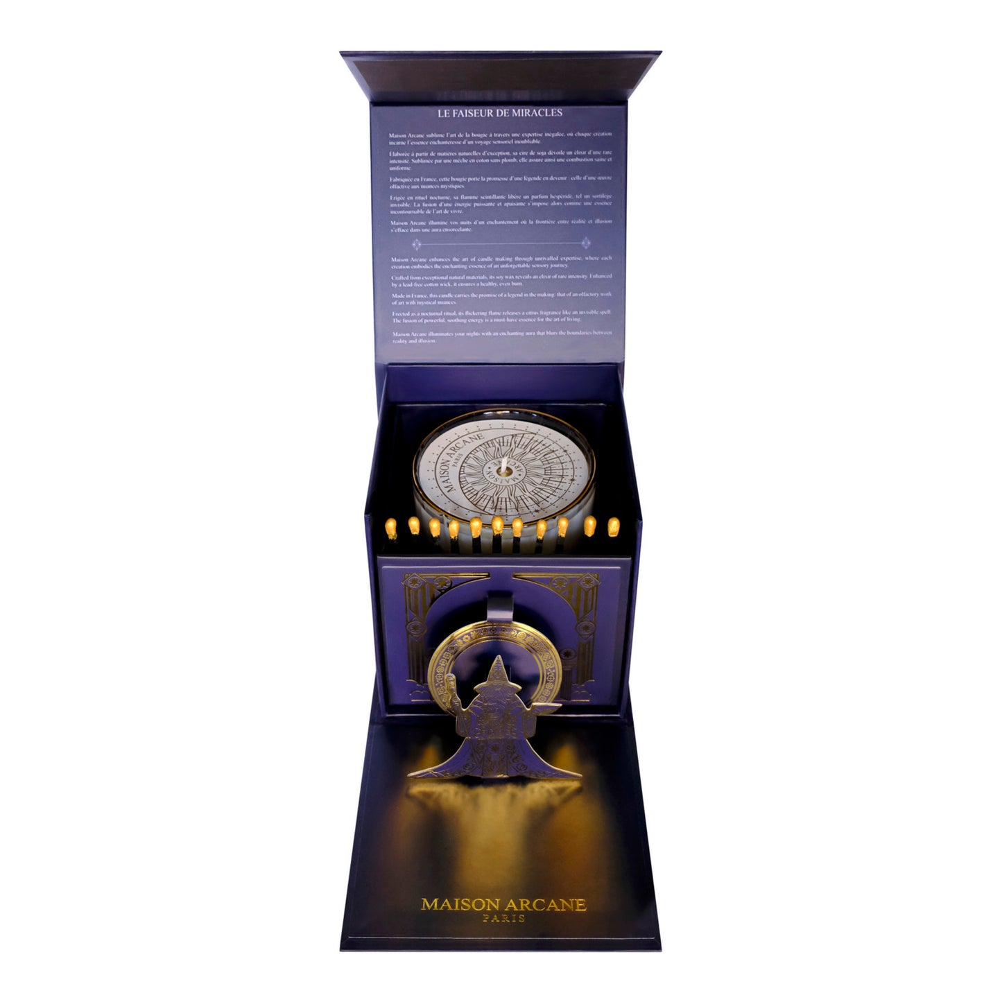 Packaging ouvert de la bougie parfumée Signature Zeste Divin de Maison Arcane, écrin luxueux laissant apparaître le verre en cristal.