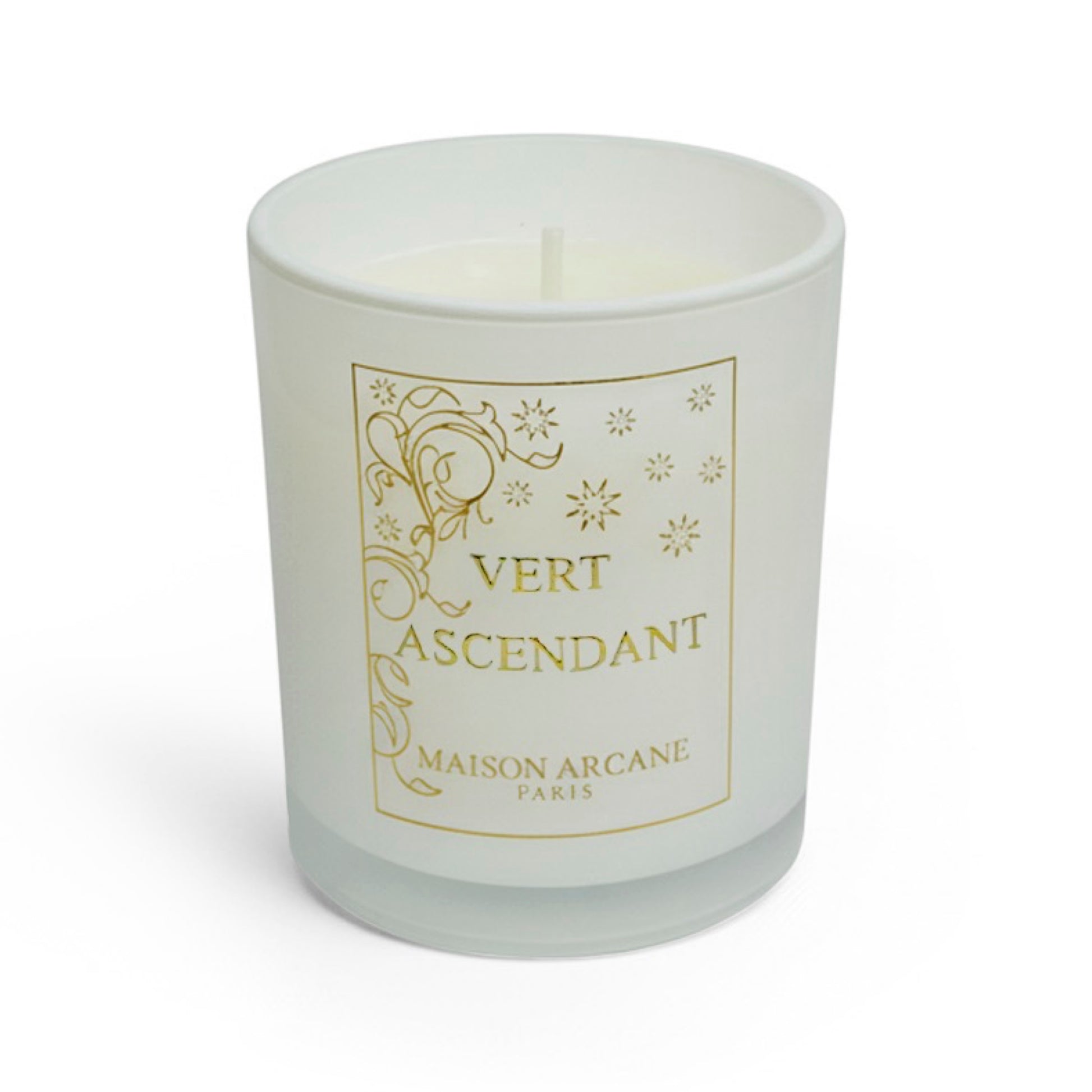 Bougie parfumée miniature Vert Ascendant en verre laqué blanc, senteur végétale fraîche et apaisante, Maison Arcane.