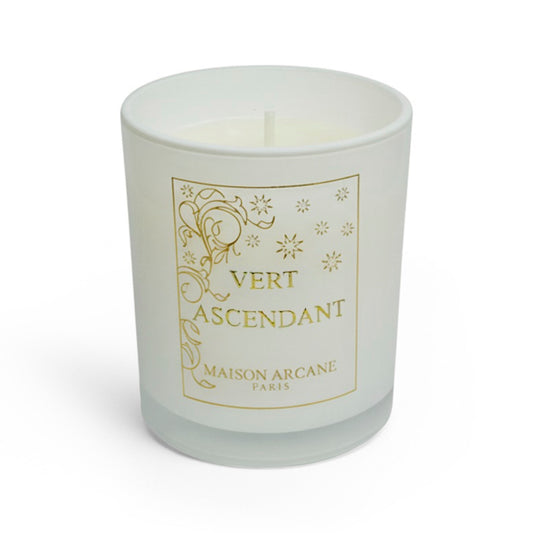 Bougie parfumée miniature Vert Ascendant en verre laqué blanc, senteur végétale fraîche et apaisante, Maison Arcane.