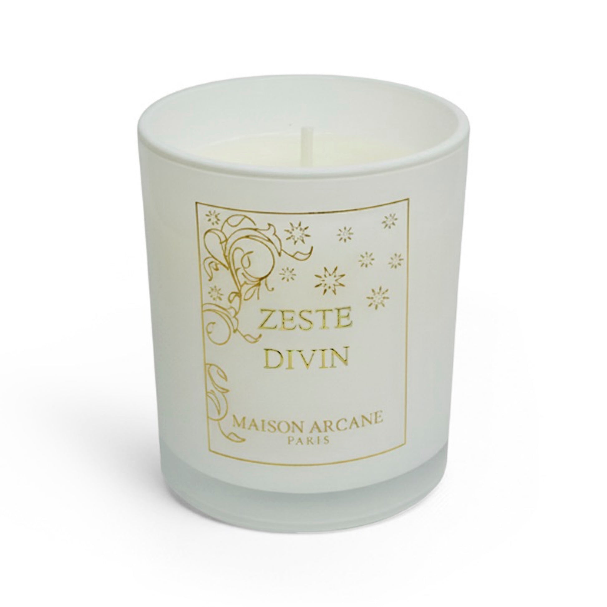 Bougie parfumée miniature Zeste Divin en verre laqué blanc, senteur hespéridée vivifiante et lumineuse, Maison Arcane.