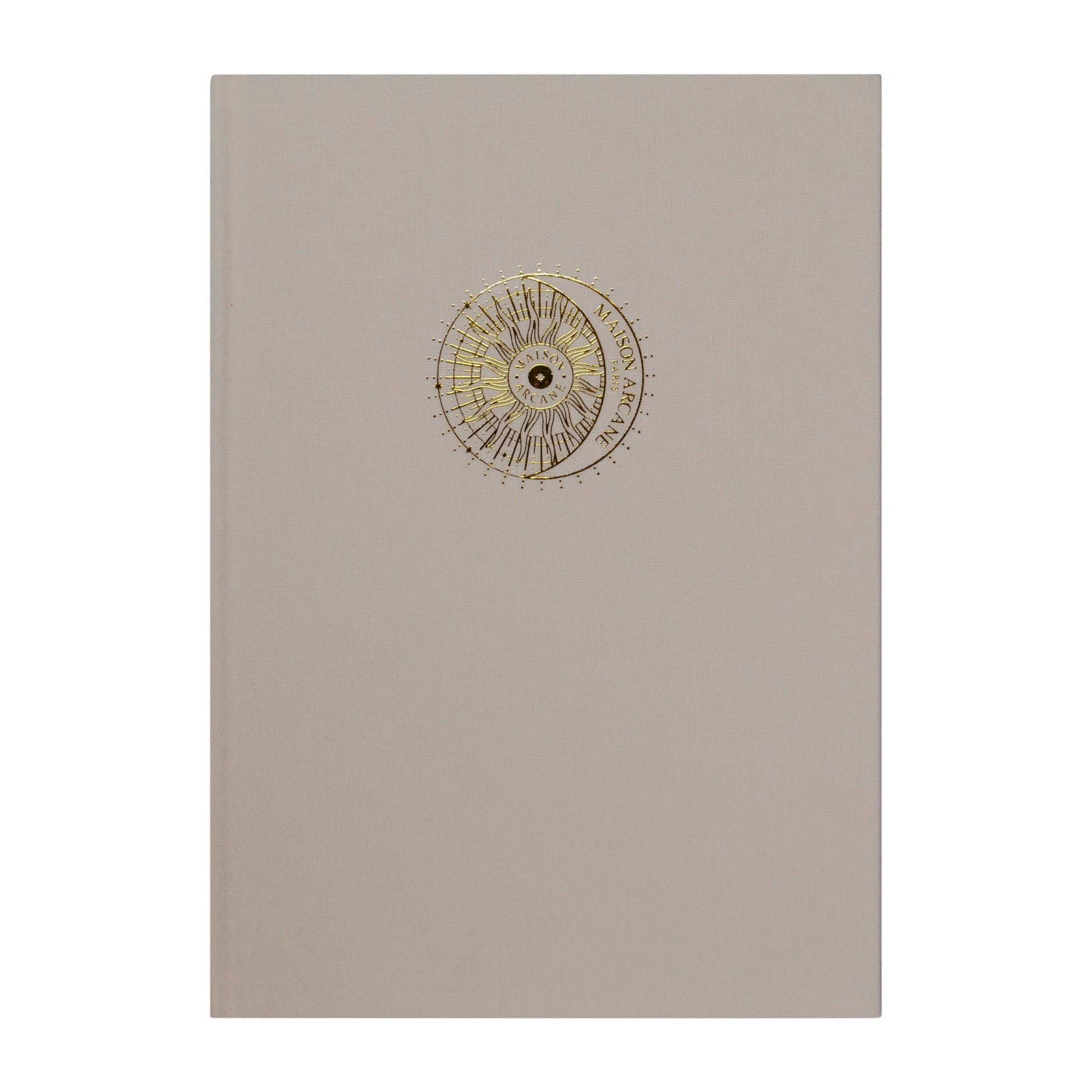 Carnet intime Voile de Lune Maison Arcane à couverture en lin couleur beige avec finition dorée.