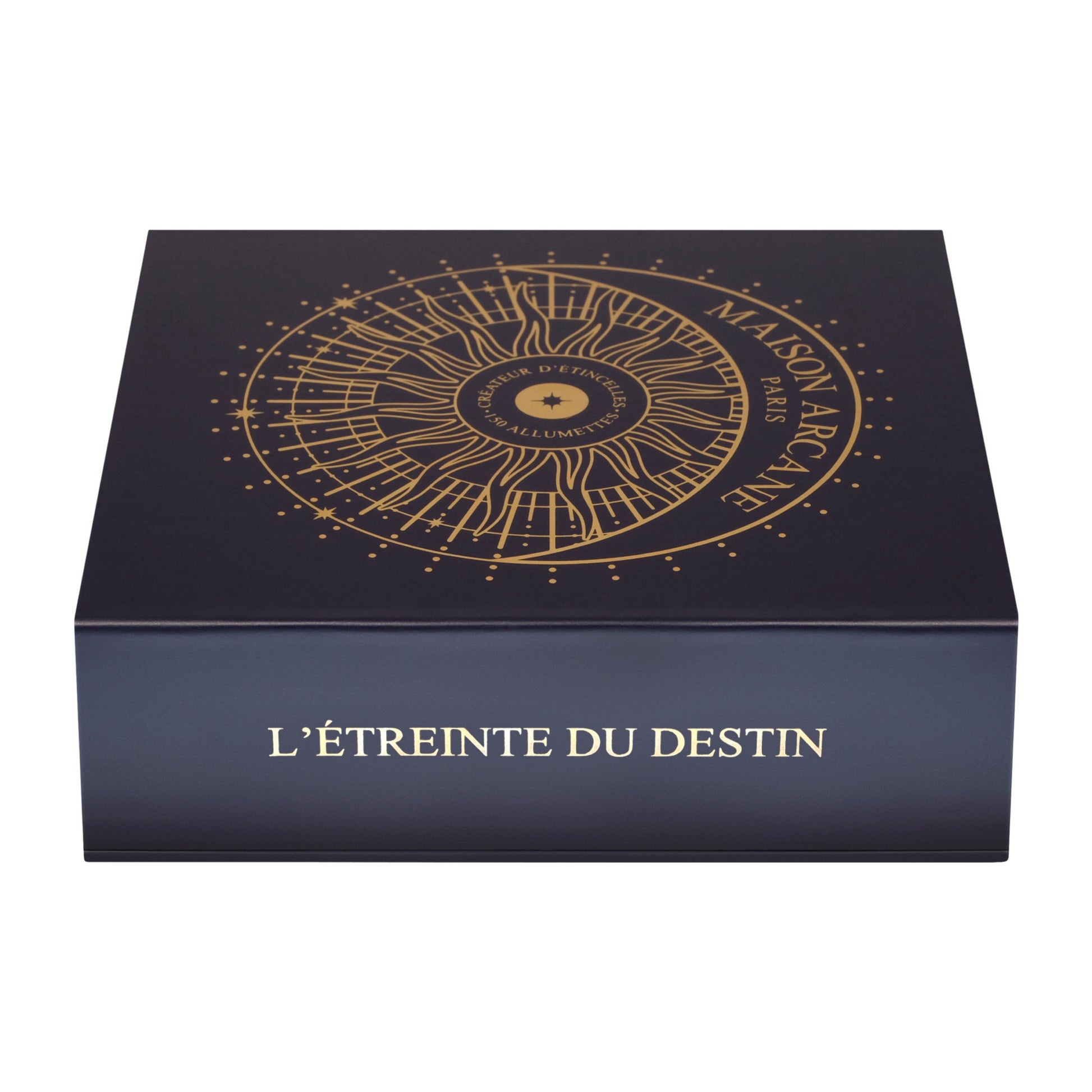 Coffret d’allumettes dorées L’Étreinte du Destin, boîte bleu marine fermée avec détails dorés.