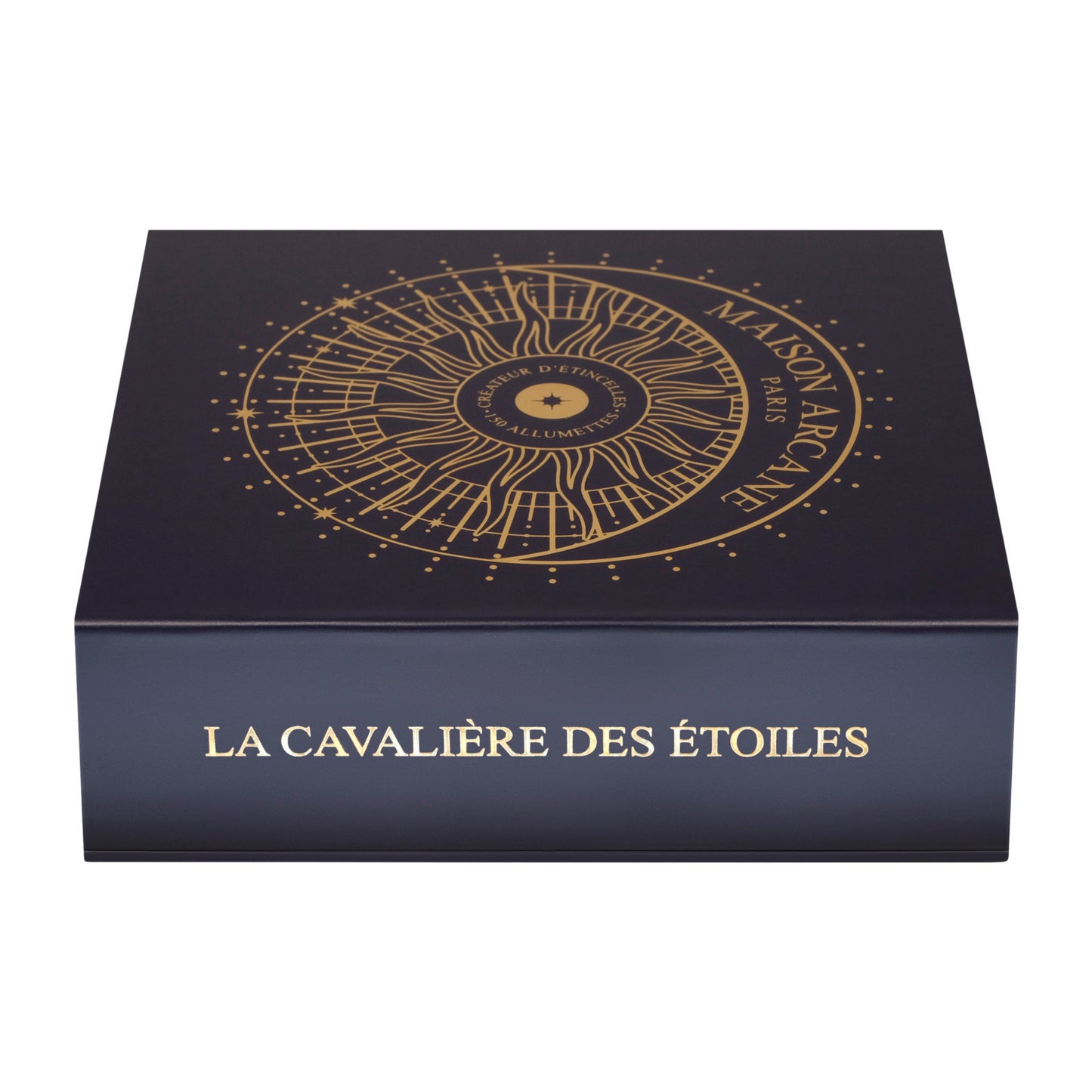 Coffret d’allumettes dorées La Cavalière des Étoiles, étui décoratif bleu marine et dorure élégante.