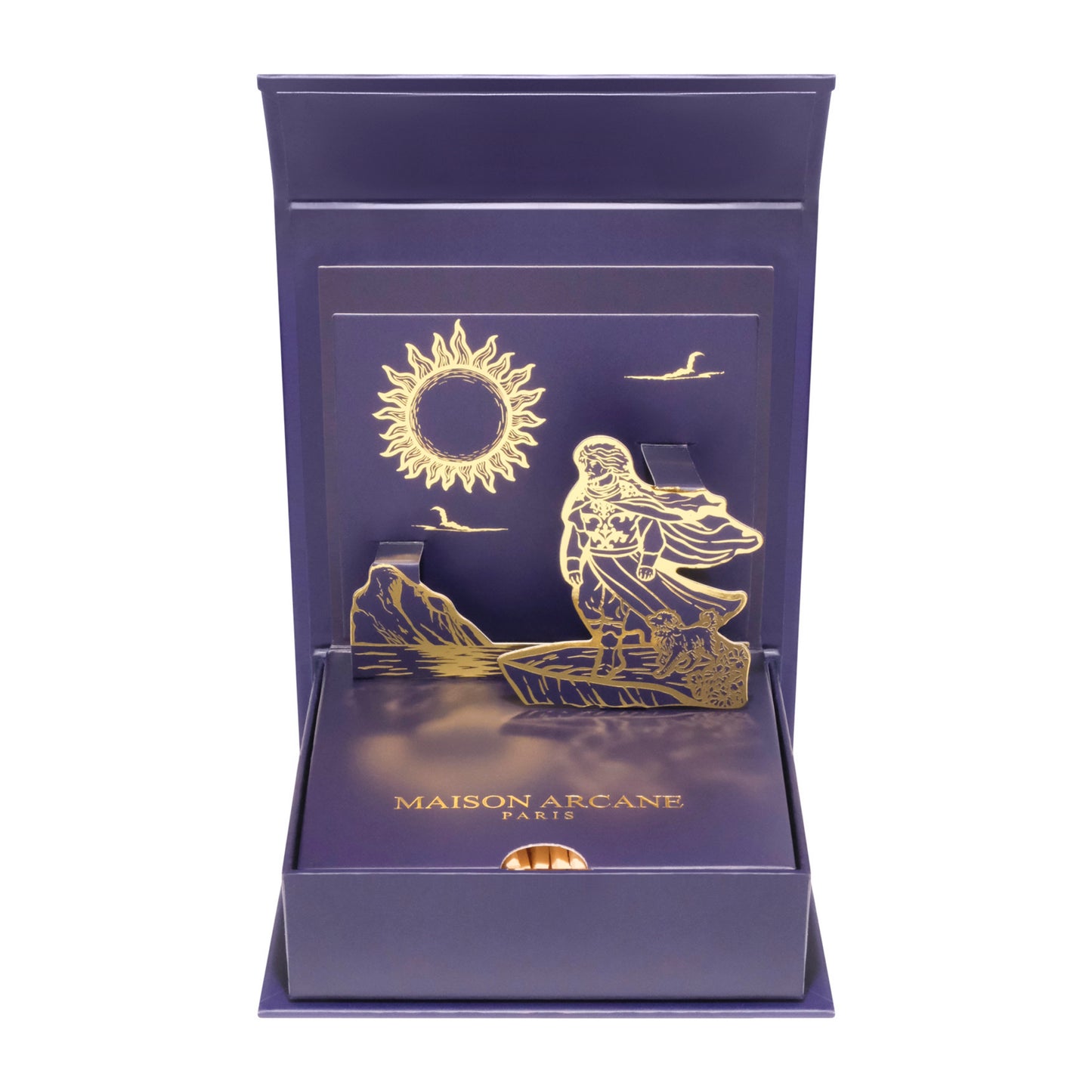 Coffret d’allumettes dorées L’Éternel Vagabond ouvert, design 3D intérieur sculpté Maison Arcane.