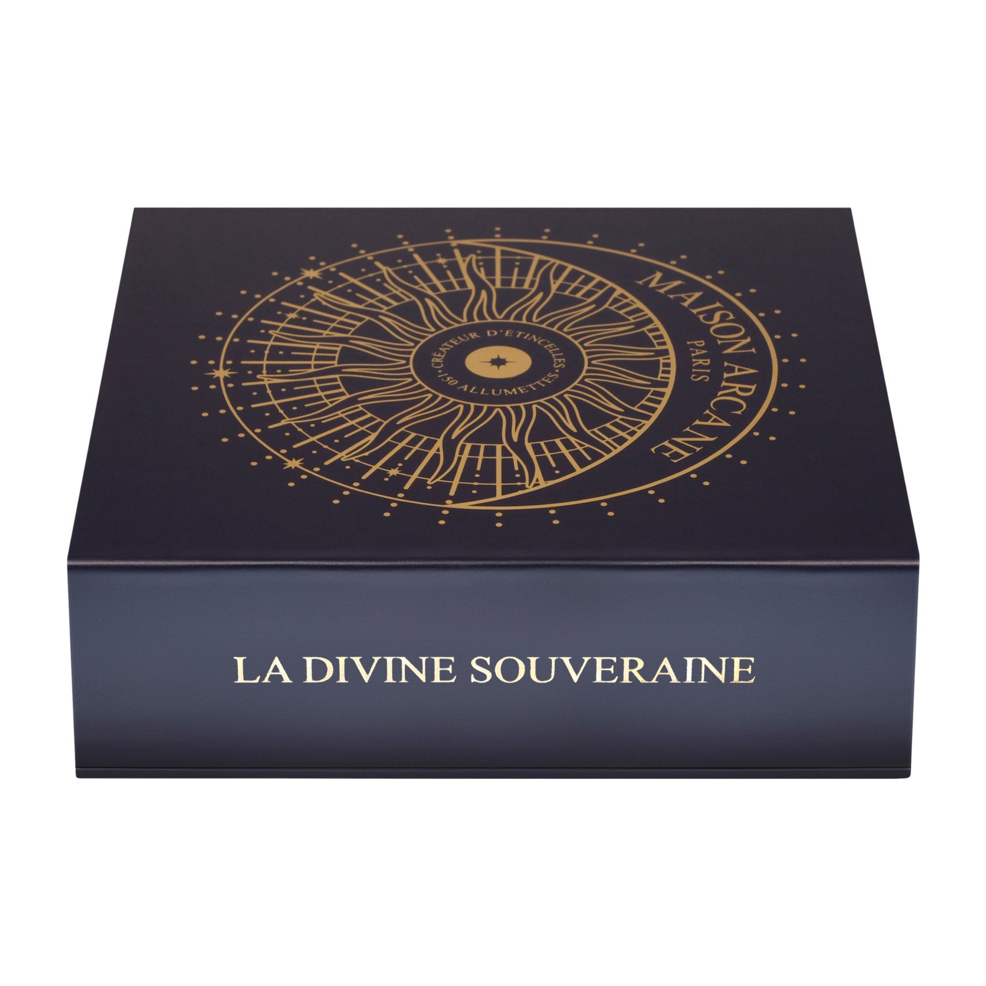 Coffret d’allumettes dorées La Divine Souveraine, boîte fermée bleu marine finition dorée luxe.