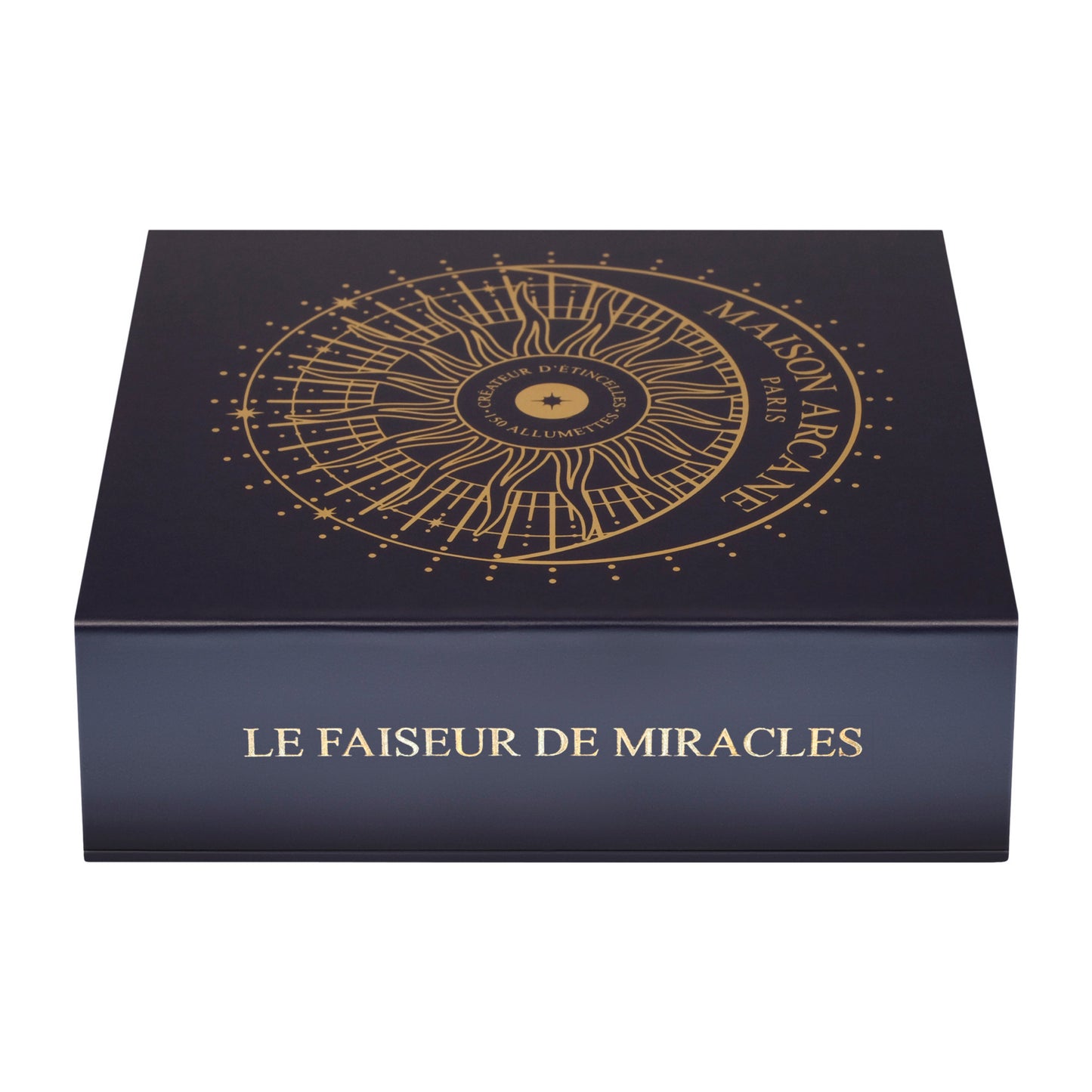Coffret d’allumettes dorées Le Faiseur de Miracles, boîte design bleu marine ornée de dorure.