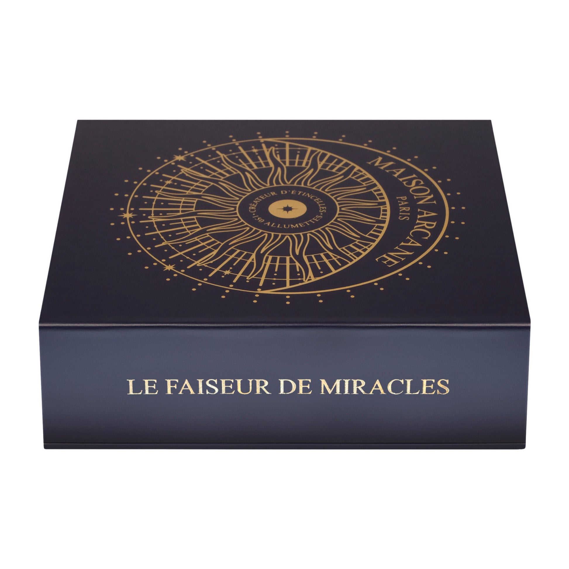 Coffret d’allumettes dorées Le Faiseur de Miracles, boîte design bleu marine ornée de dorure.