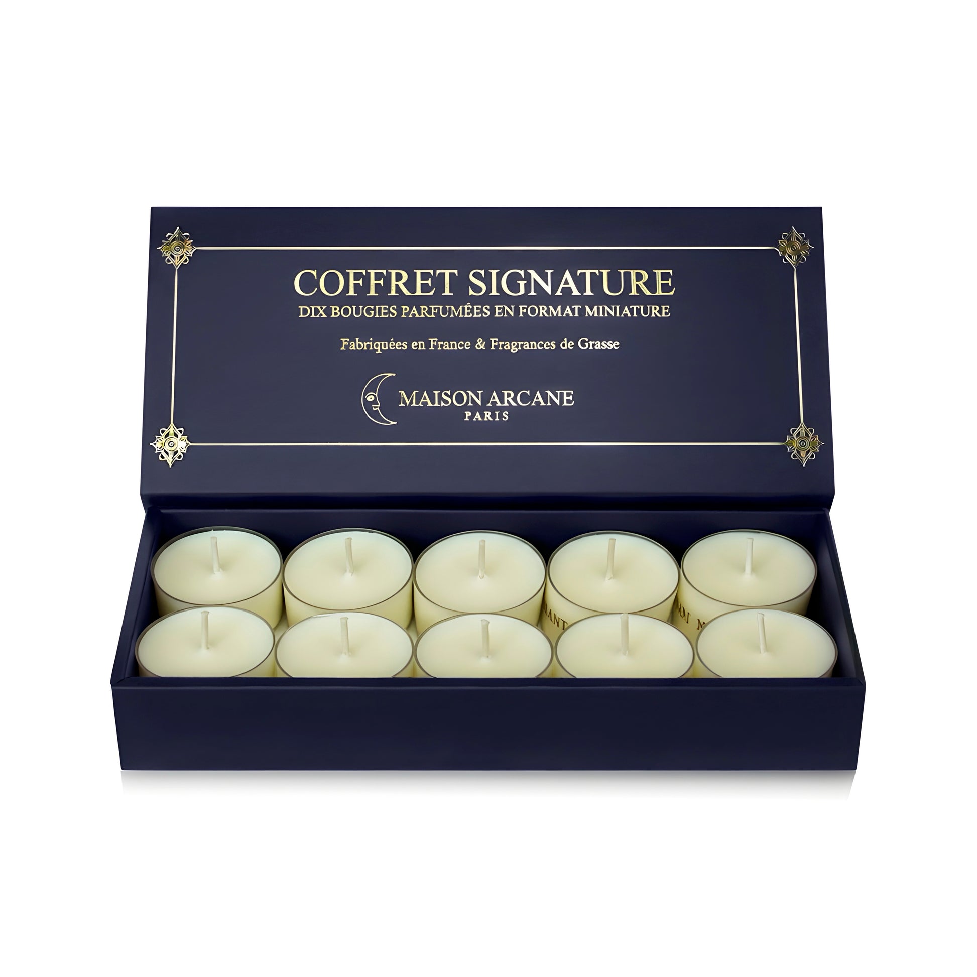 Coffret ouvert de dix bougies chauffe-plat parfumées Signature Maison Arcane, affichage des mini bougies pour découverte olfactive.