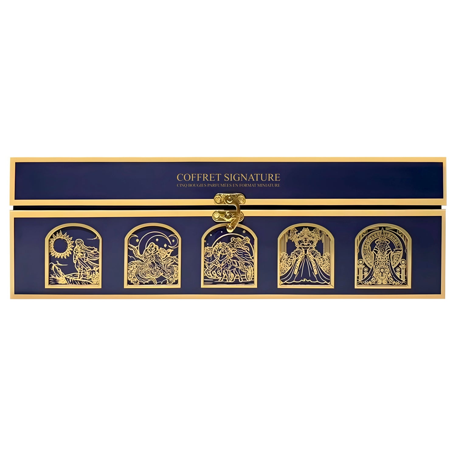 Coffret Signature Maison Arcane avec cinq bougies parfumées miniatures, image frontale du coffret.