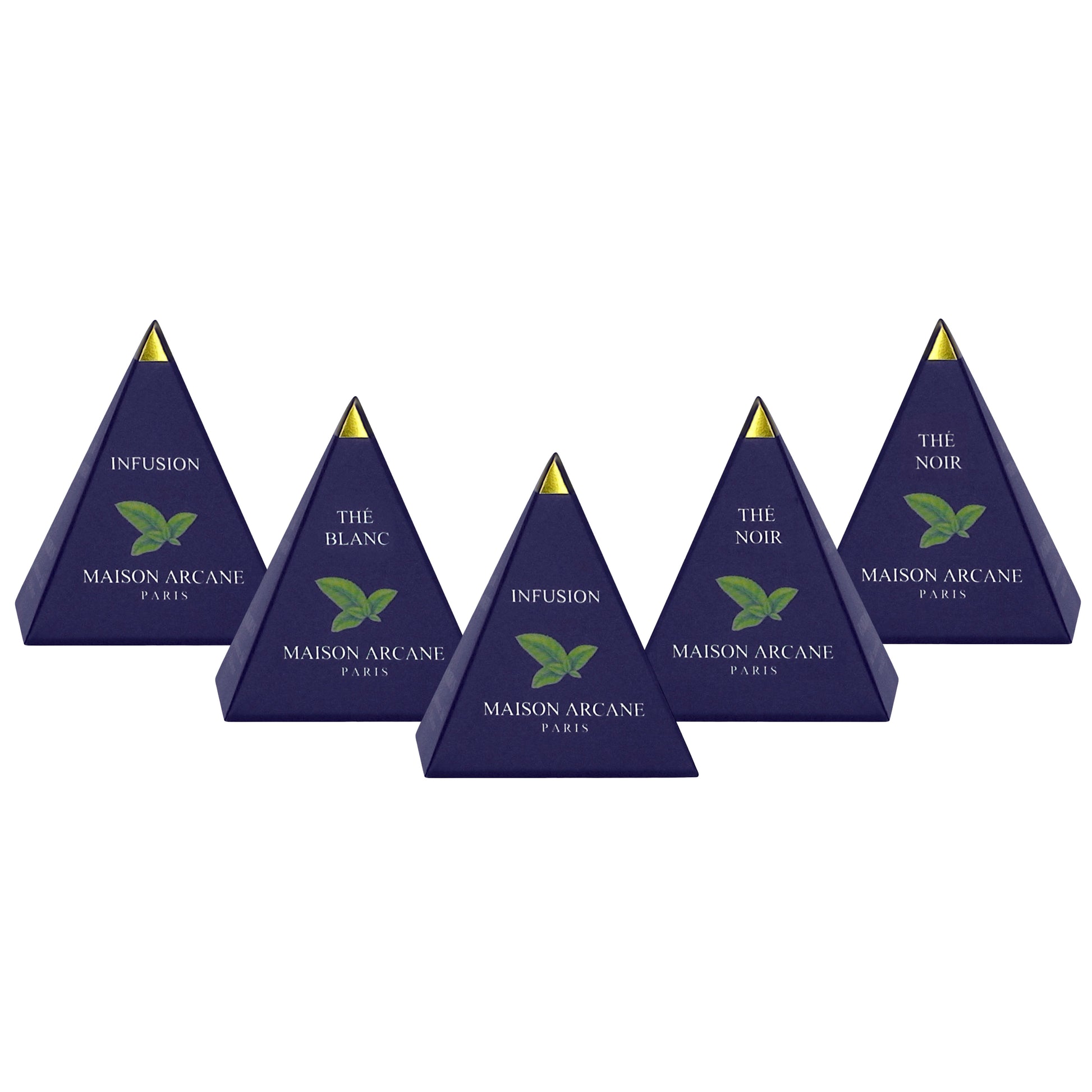 Présentation de cinq infusettes, collection complète des thés et infusions parfumés Maison Arcane.