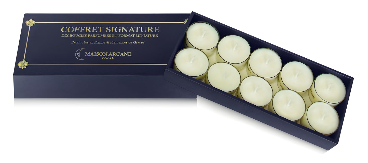 Collection intégrale des dix bougies chauffe-plat parfumées Signature de Maison Arcane, assortiment des différentes fragrances.