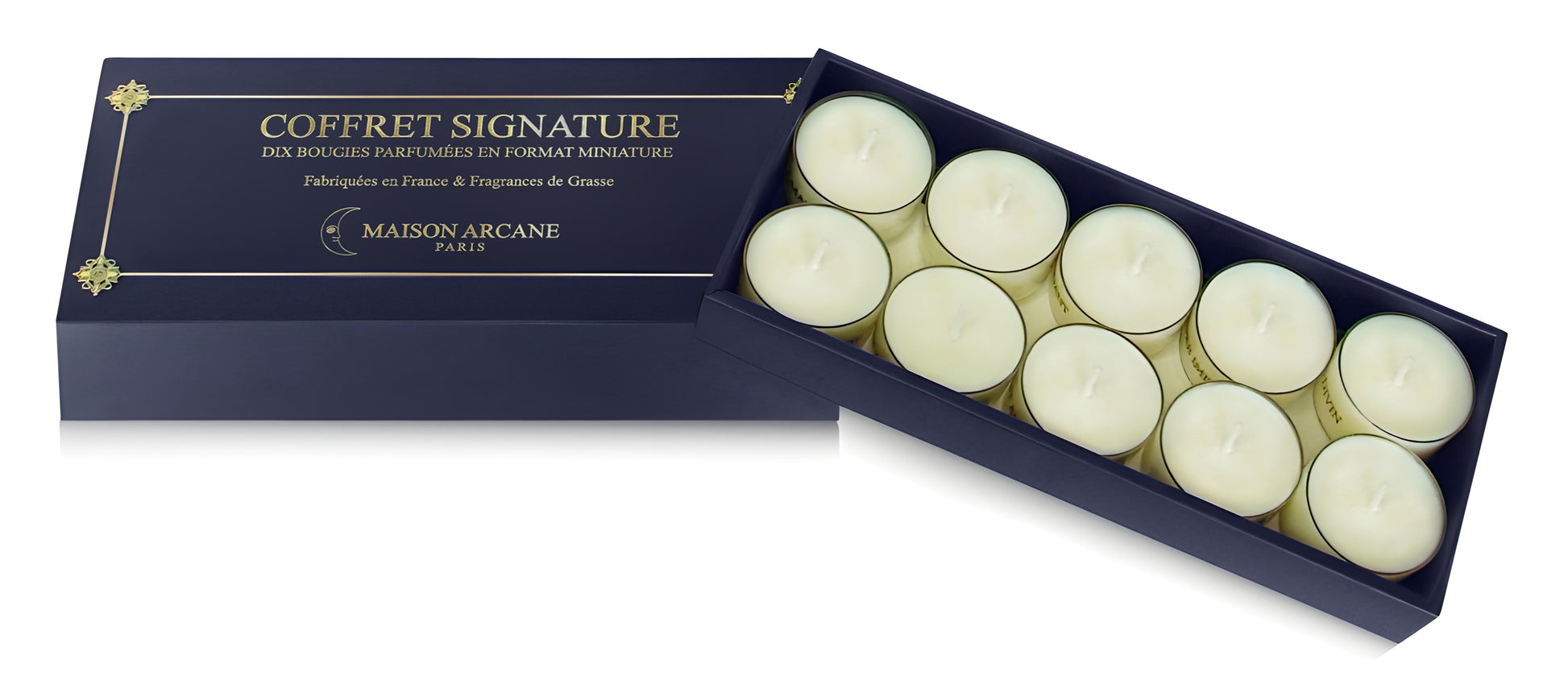 Collection intégrale des dix bougies chauffe-plat parfumées Signature de Maison Arcane, assortiment des différentes fragrances.