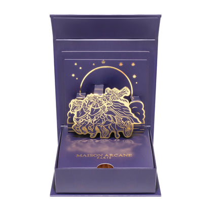 Coffret d’allumettes dorées La Cavalière des Étoiles ouvert, illustration design 3D intérieur détaillé.