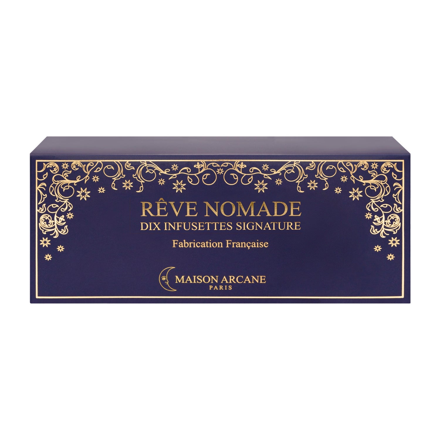 Coffret vu de face d'infusion parfumée Rêve Nomade de Maison Arcane, ingrédients naturels aromatiques.