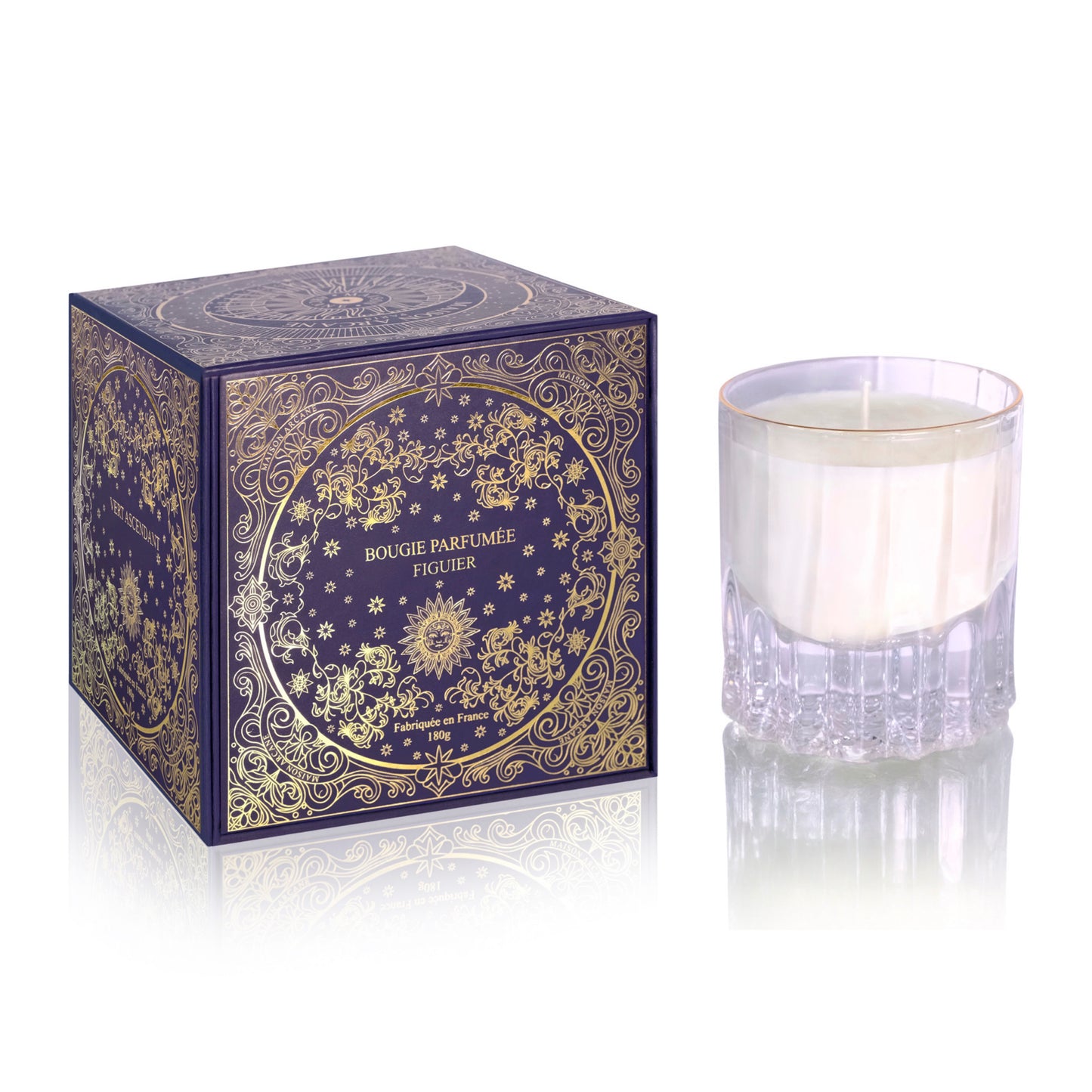 Bougie parfumée Maison Arcane Vert Ascendant avec packaging de luxe, parfum chypré et végétal inspiré du figuier.