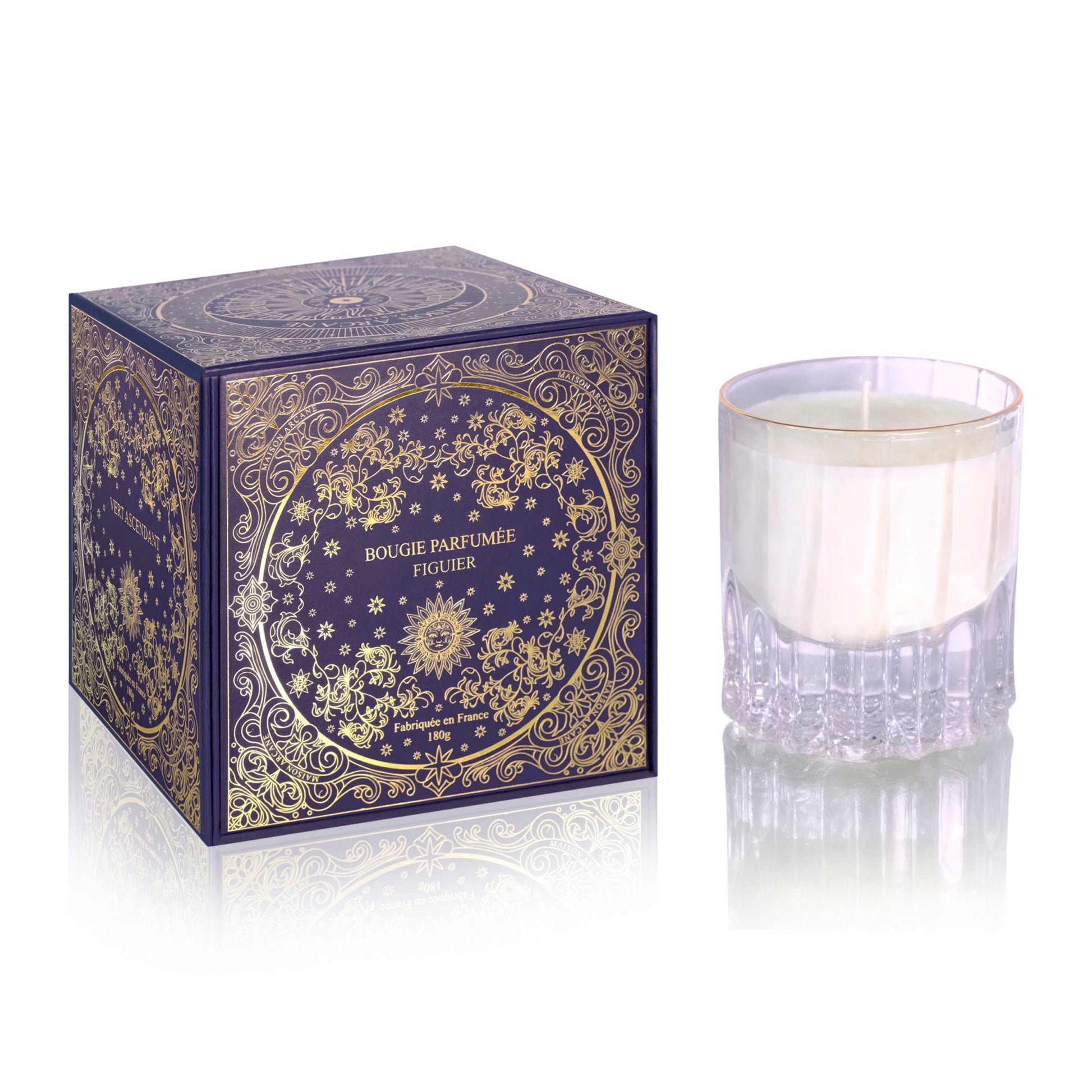 Bougie parfumée Maison Arcane Vert Ascendant avec packaging de luxe, parfum chypré et végétal inspiré du figuier.