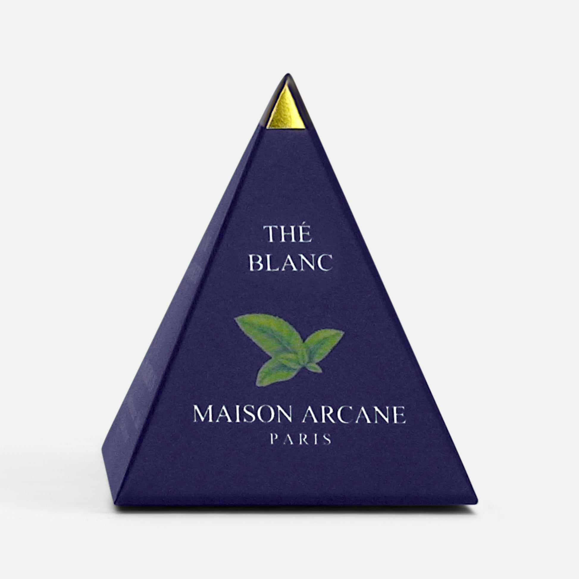 Infusette pyramidale bleu marine et dorée, packaging thé blanc et logo Maison Arcane.