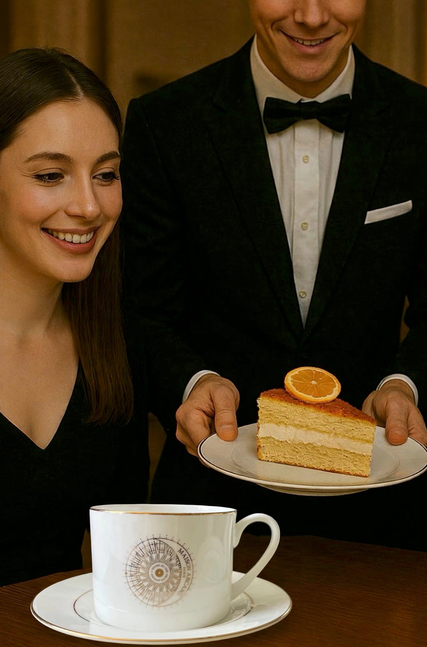 Pause thé avec une tasse de thé Maison Arcane et un gâteau dans un salon de thé, moment convivial et chaleureux.