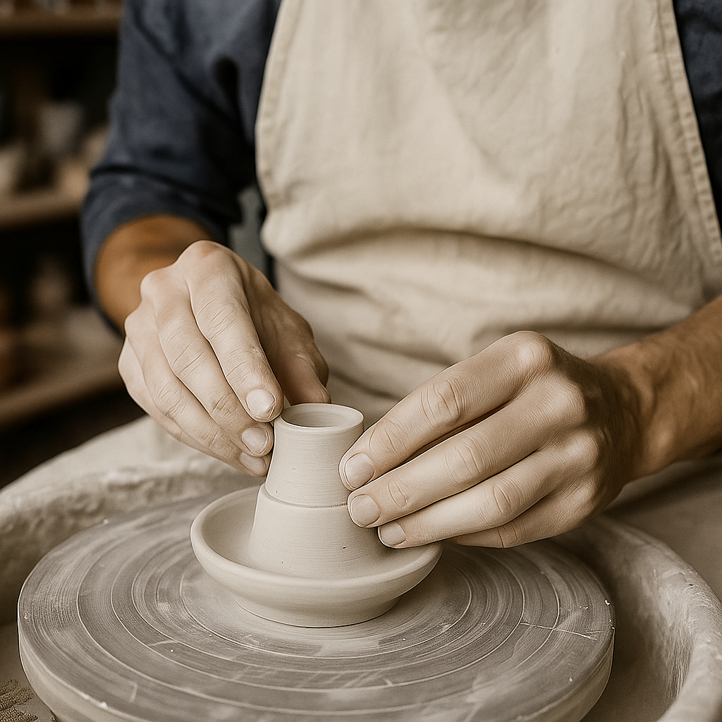 Personne façonnant une céramique à la main, artisanat d'art et travail manuel de poterie.
