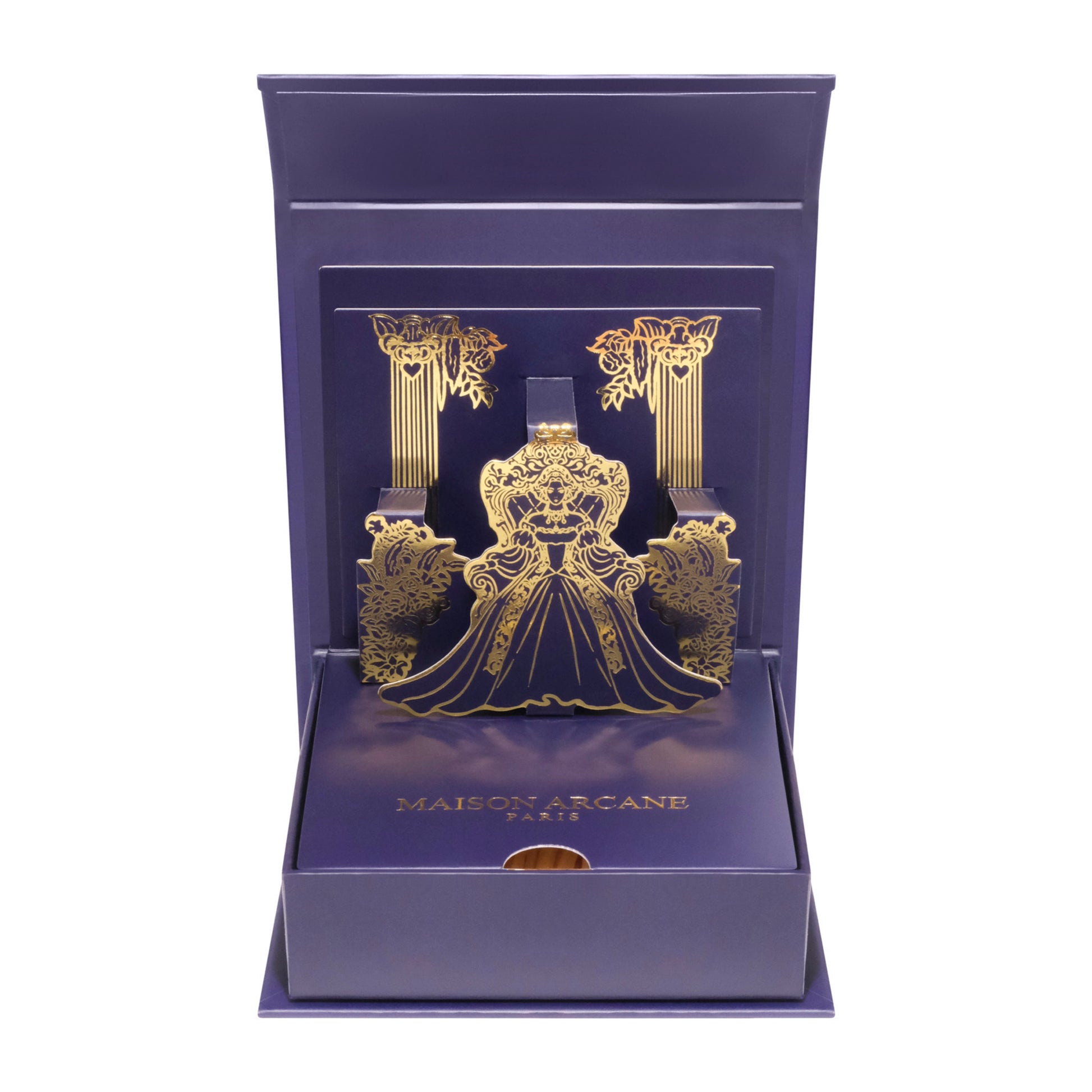 Coffret d’allumettes dorées La Divine Souveraine ouvert, structure artistique 3D visible à l’intérieur.