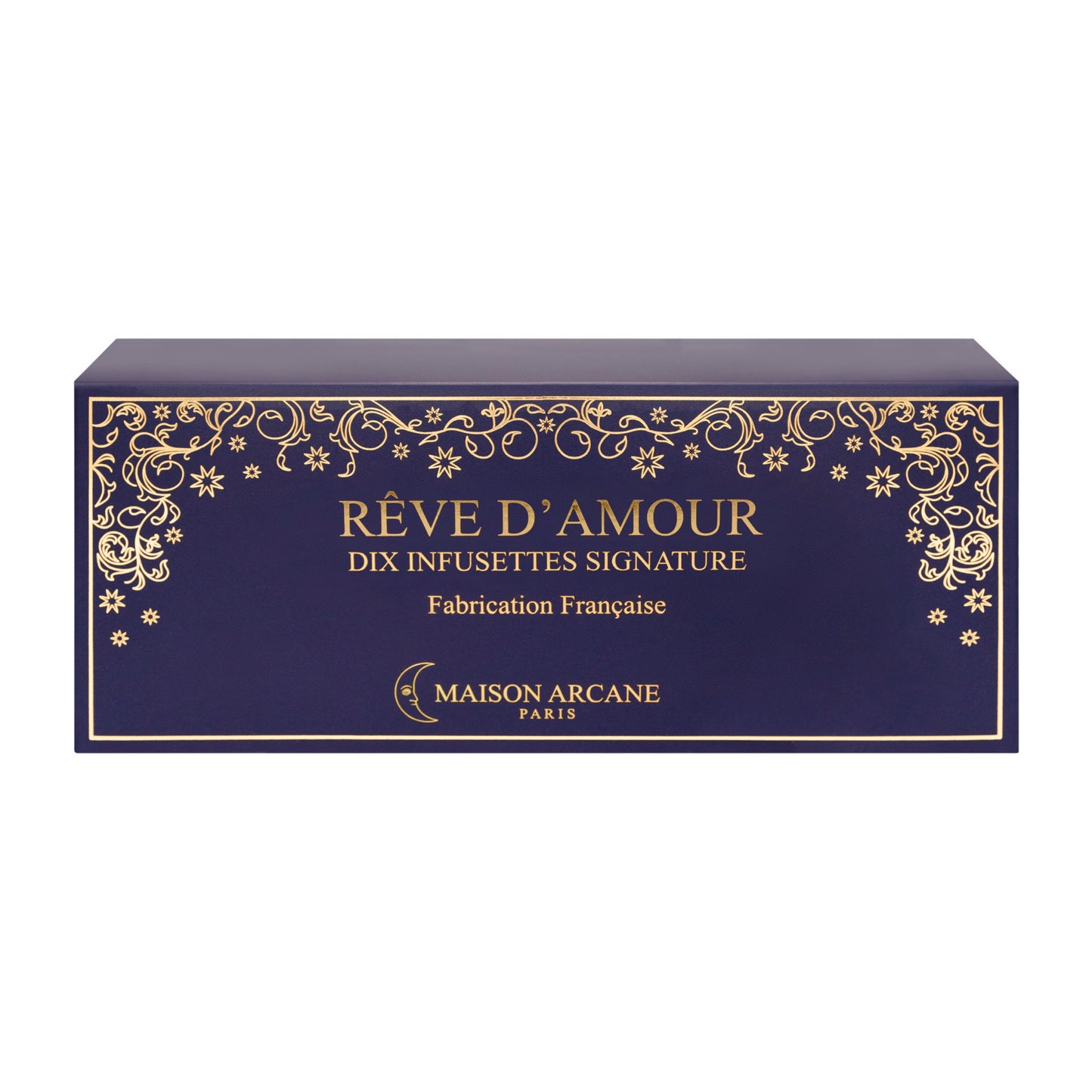 Thé blanc parfumé Rêve d’Amour Maison Arcane, infusion raffinée aux arômes fruités et floraux, coffret vu de face.
