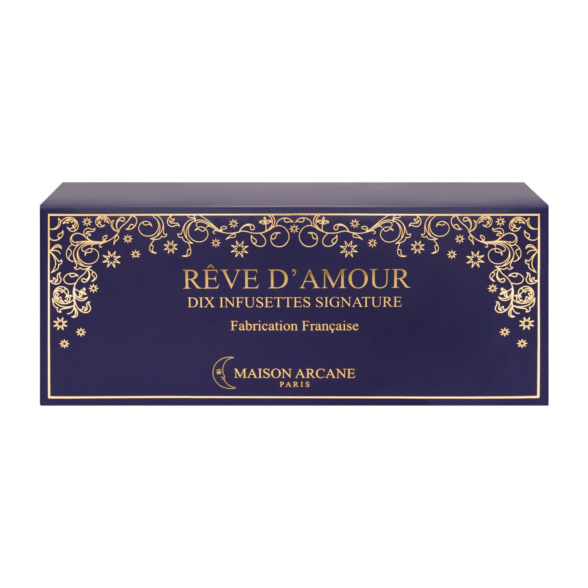 Thé blanc parfumé Rêve d’Amour Maison Arcane, infusion raffinée aux arômes fruités et floraux, coffret vu de face.