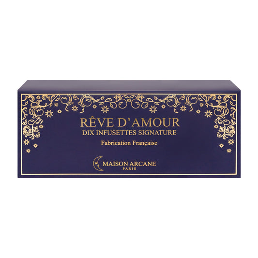 Thé blanc parfumé Rêve d’Amour Maison Arcane, infusion raffinée aux arômes fruités et floraux, coffret vu de face.