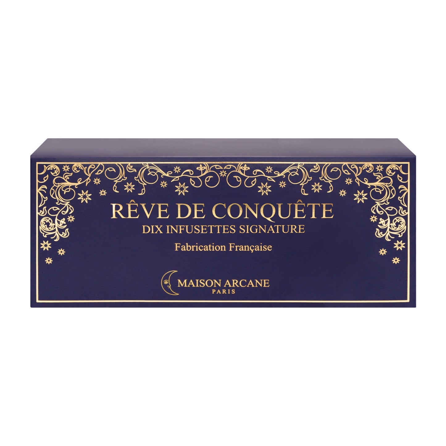 Infusion parfumée Rêve de Conquête Maison Arcane, coffret vu de face contenant des sachets d’infusion à la camomille, au tilleul et aux pétales d’oranger.