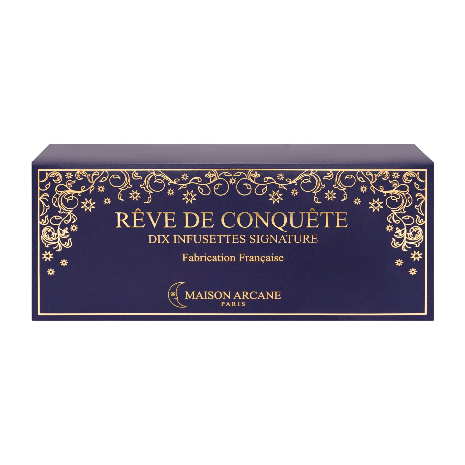 Infusion parfumée Rêve de Conquête Maison Arcane, coffret vu de face contenant des sachets d’infusion à la camomille, au tilleul et aux pétales d’oranger.