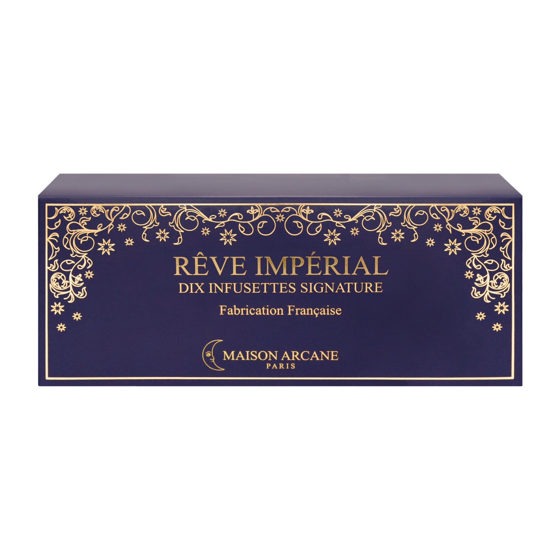 Thé noir parfumé Rêve Impérial de Maison Arcane, mélange riche en épices et feuilles d’Assam pour une infusion énergisante, coffret vue de face.