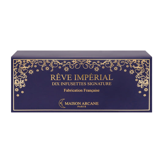 Thé noir parfumé Rêve Impérial de Maison Arcane, mélange riche en épices et feuilles d’Assam pour une infusion énergisante, coffret vue de face.