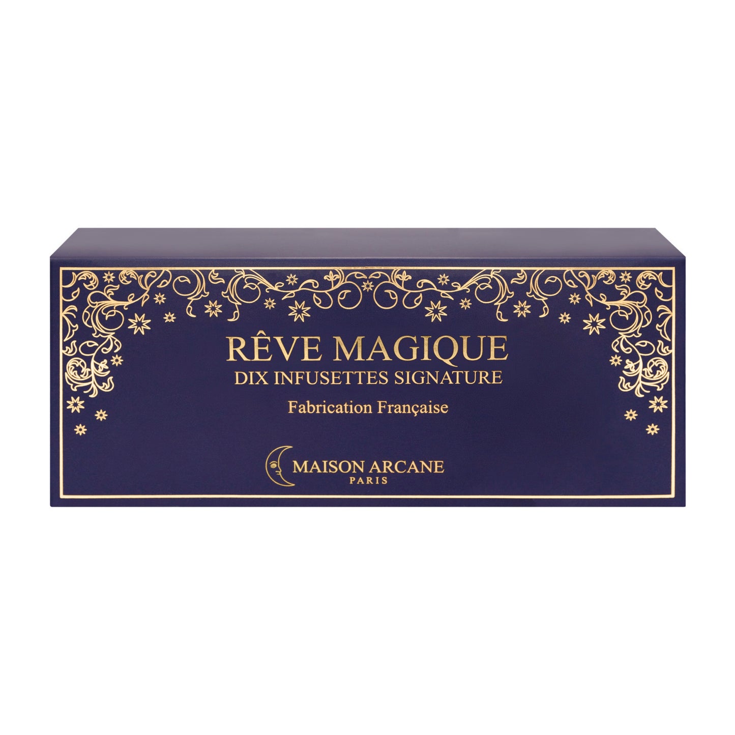 Thé noir parfumé Rêve Magique de Maison Arcane aux morceaux d’abricot et pétales de carthame pour une saveur fruitée, coffret vu de face.