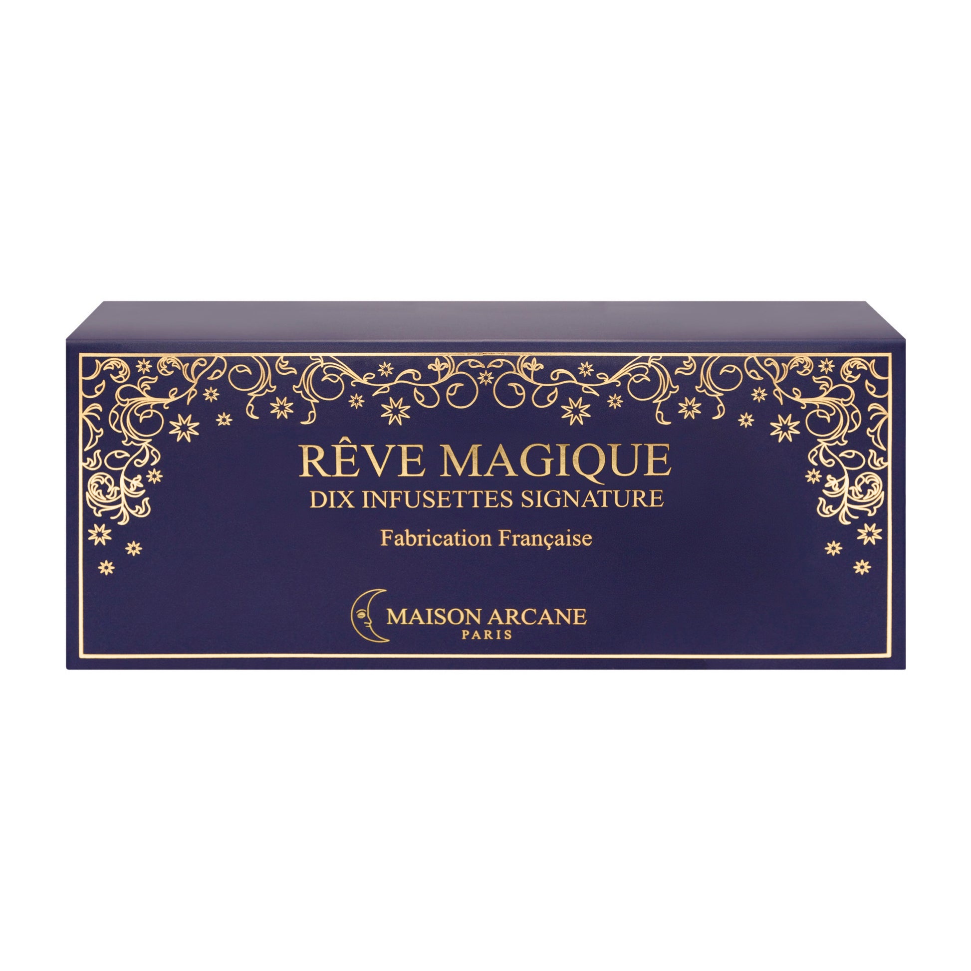 Thé noir parfumé Rêve Magique de Maison Arcane aux morceaux d’abricot et pétales de carthame pour une saveur fruitée, coffret vu de face.
