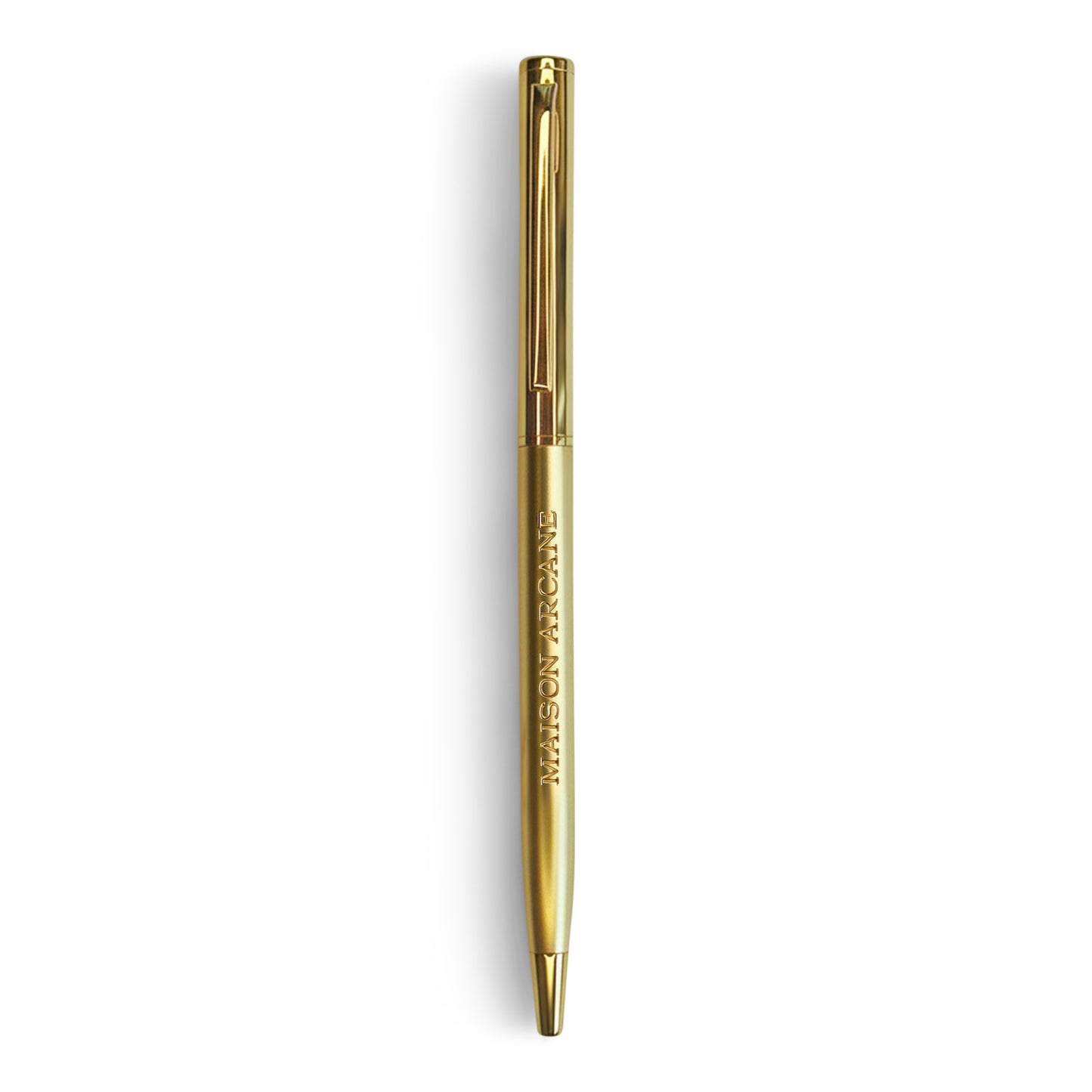 Stylo‑bille Maison Arcane gravé en métal haut de gamme, design premium pour une écriture fluide et raffinée.