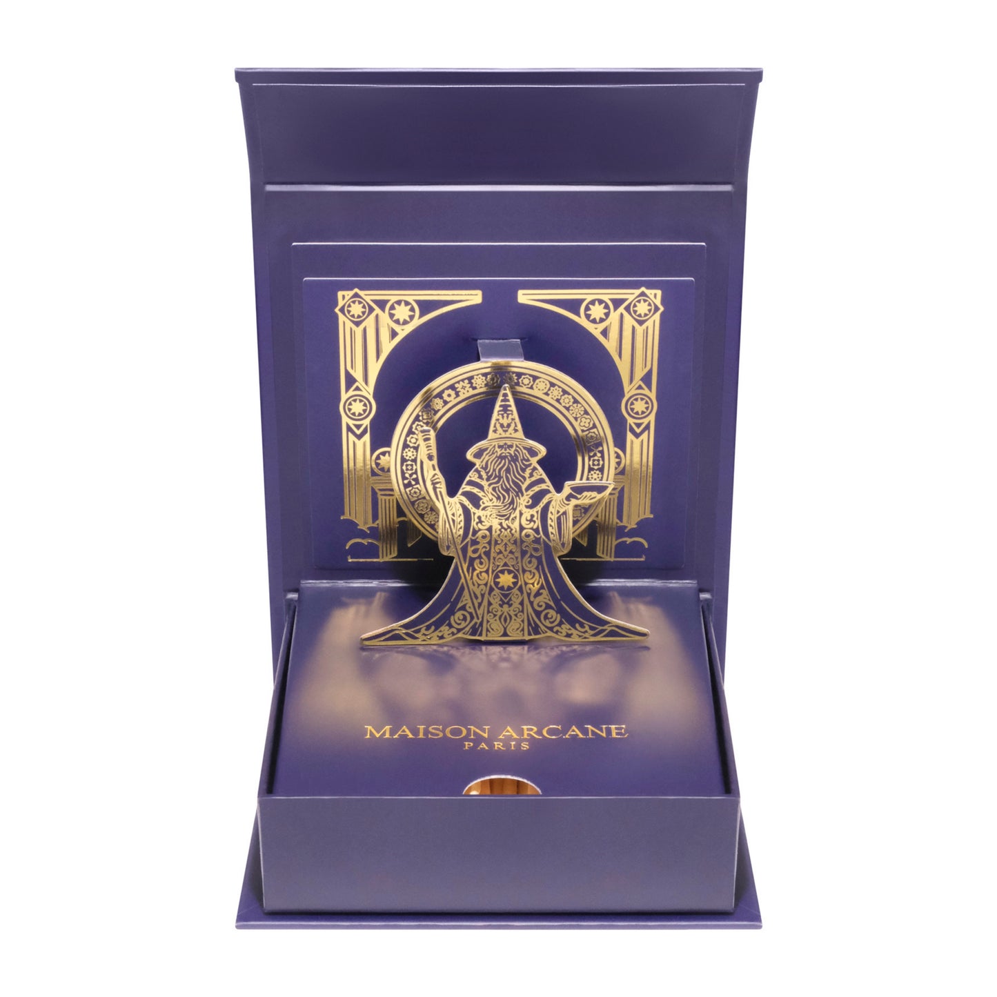 Coffret d’allumettes dorées Le Faiseur de Miracles ouvert, design 3D intérieur raffiné et décoratif.