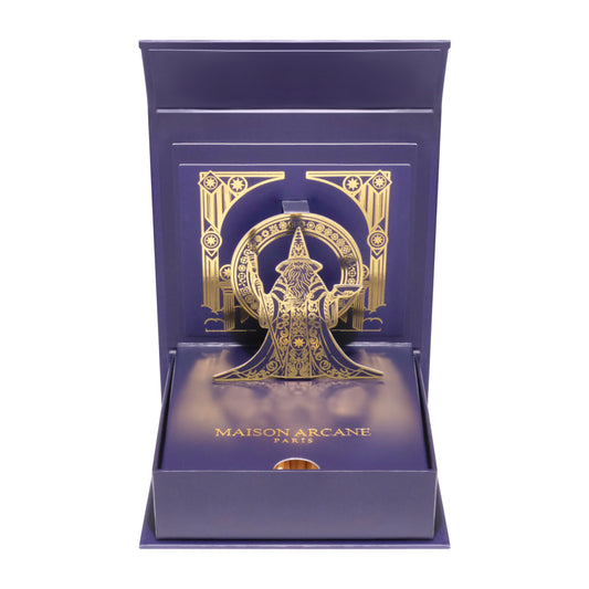 Coffret d’allumettes dorées Le Faiseur de Miracles ouvert, design 3D intérieur raffiné et décoratif.